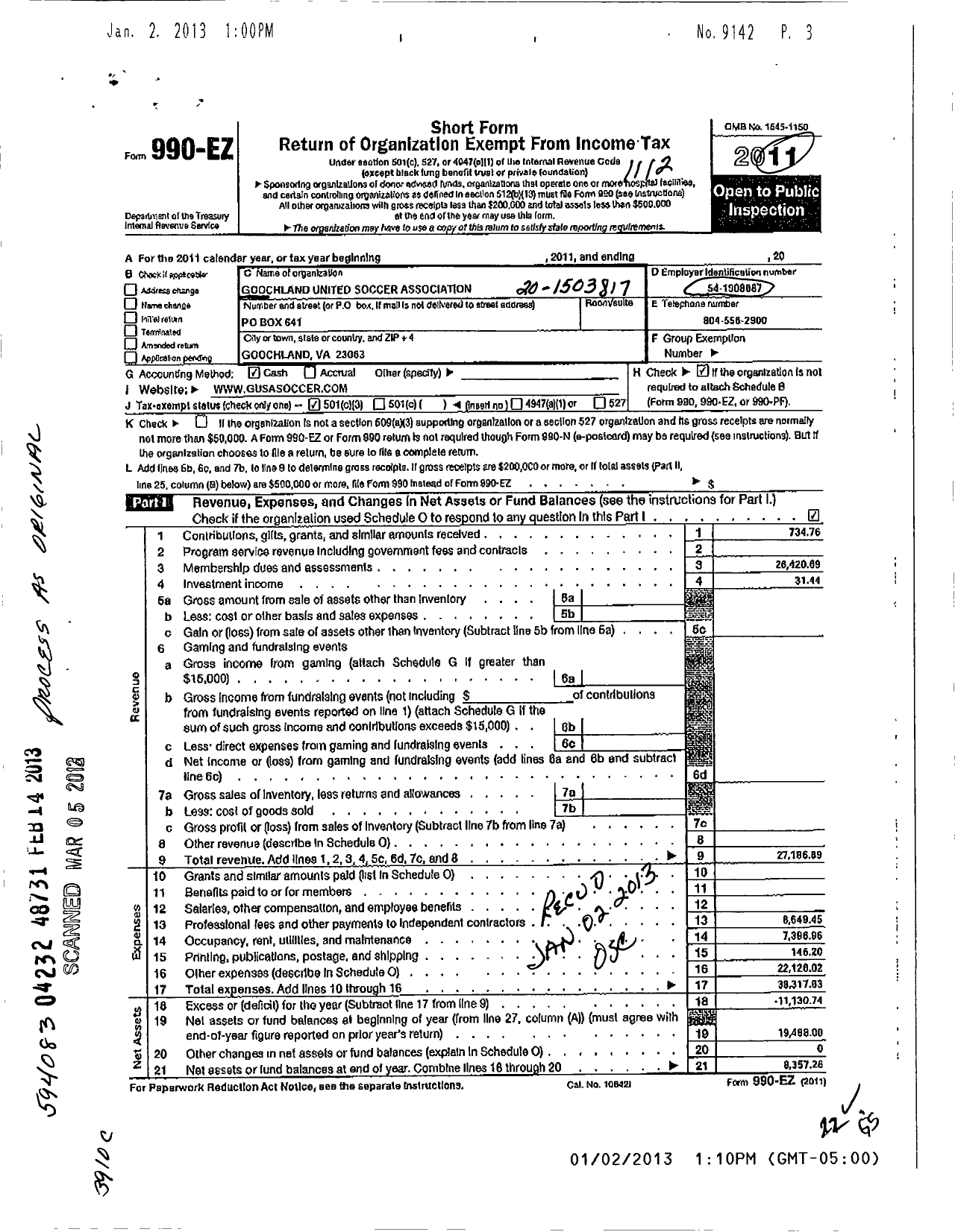 Image of first page of 2011 Form 990EZ for Goochland United Soccer Association