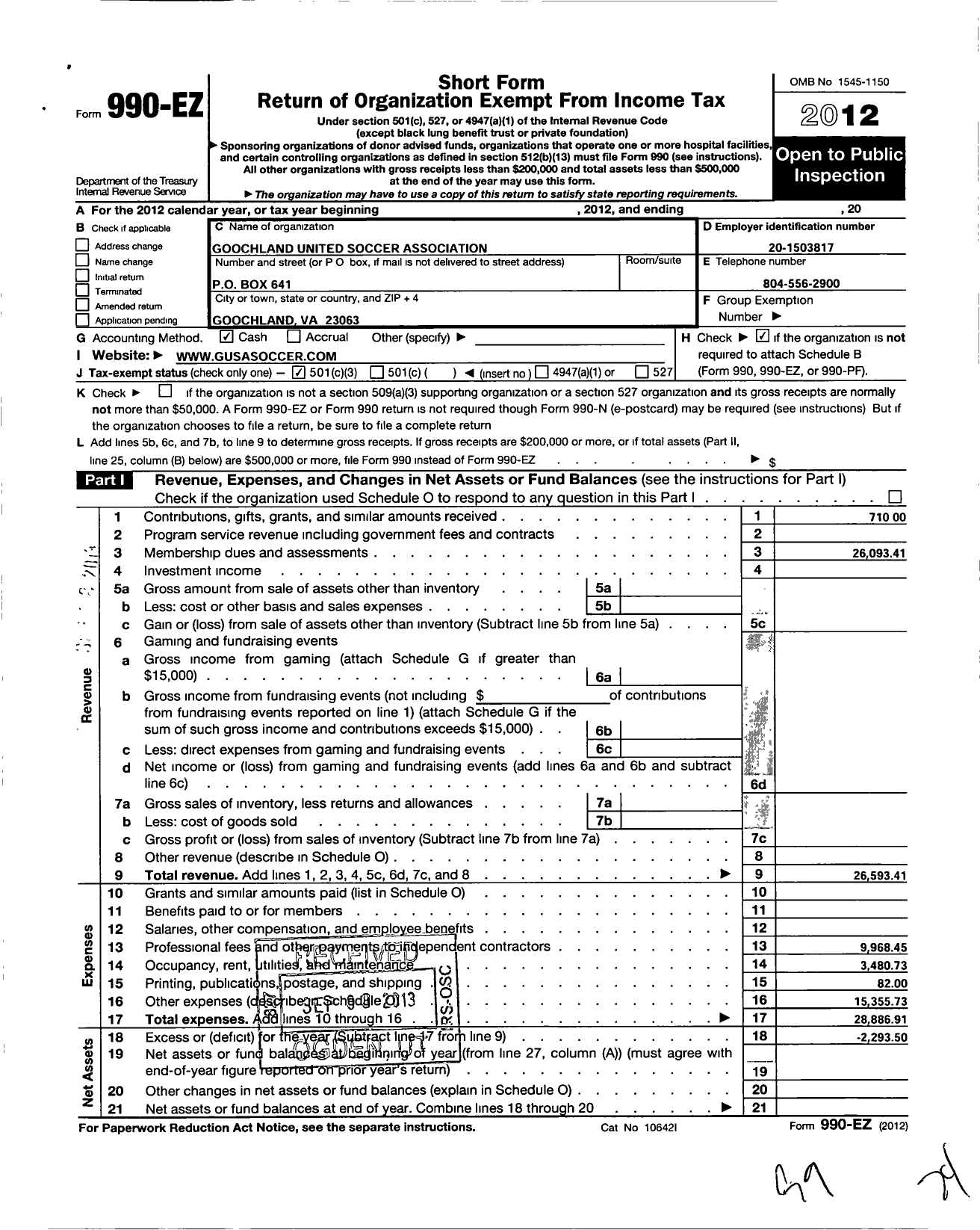 Image of first page of 2012 Form 990EZ for Goochland United Soccer Association