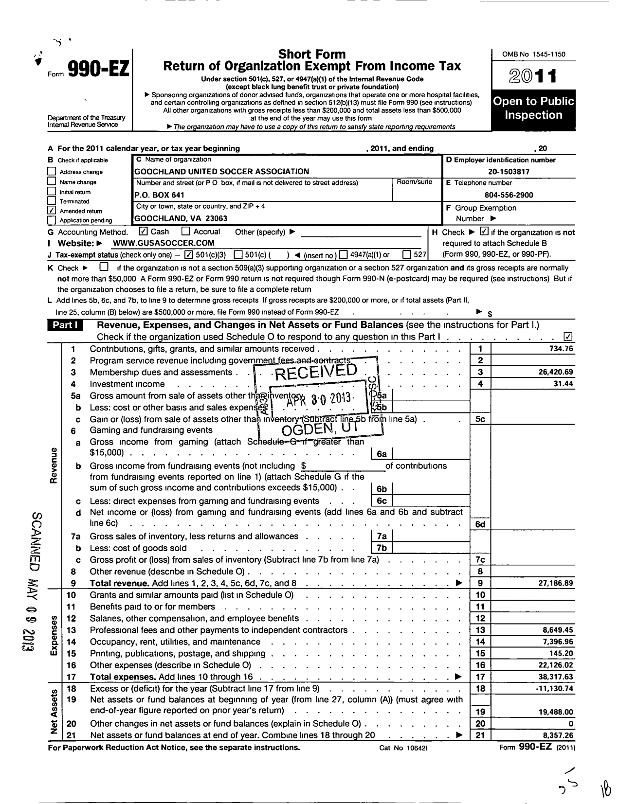 Image of first page of 2011 Form 990EZ for Goochland United Soccer Association