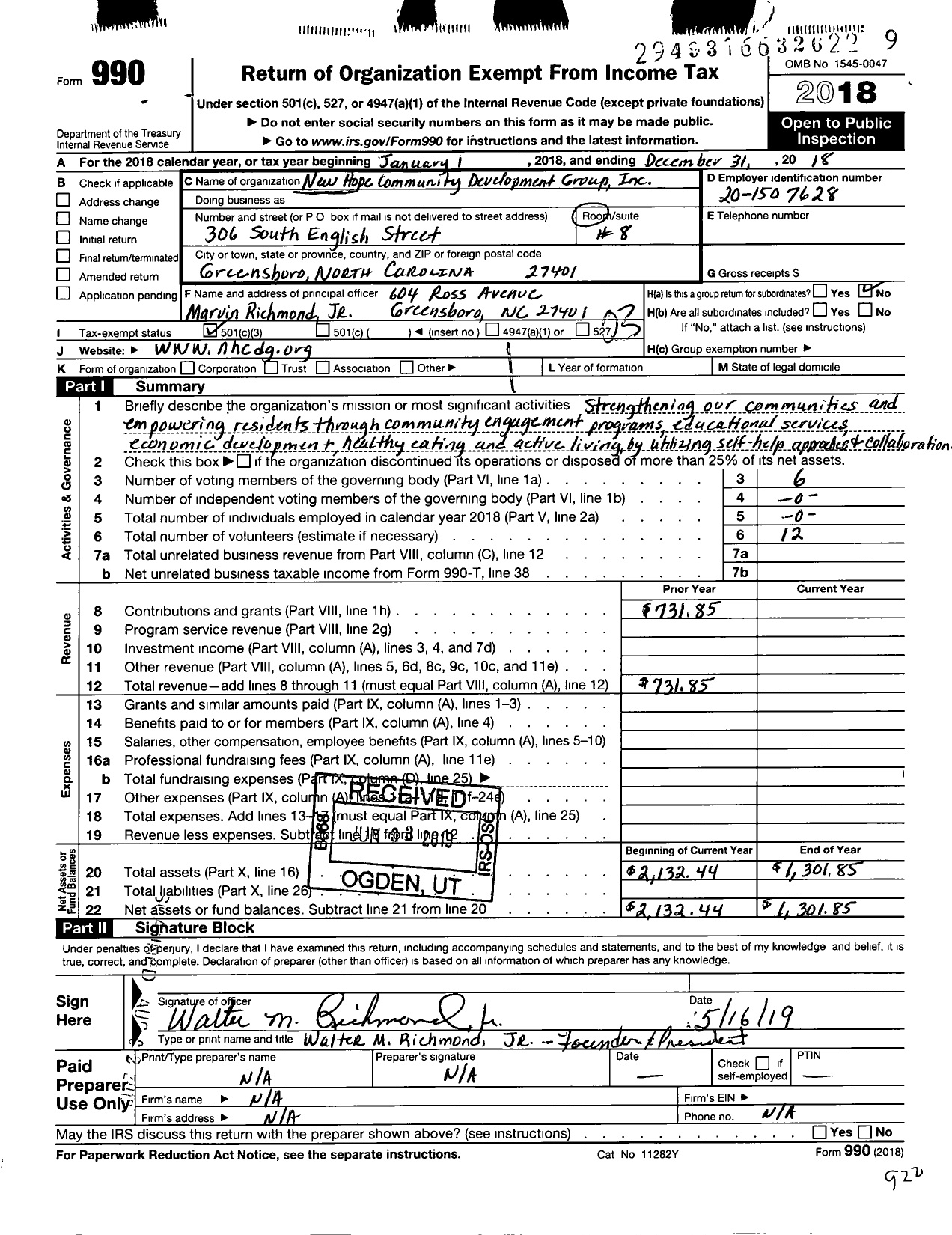 Image of first page of 2018 Form 990 for New Hope Community Development Group