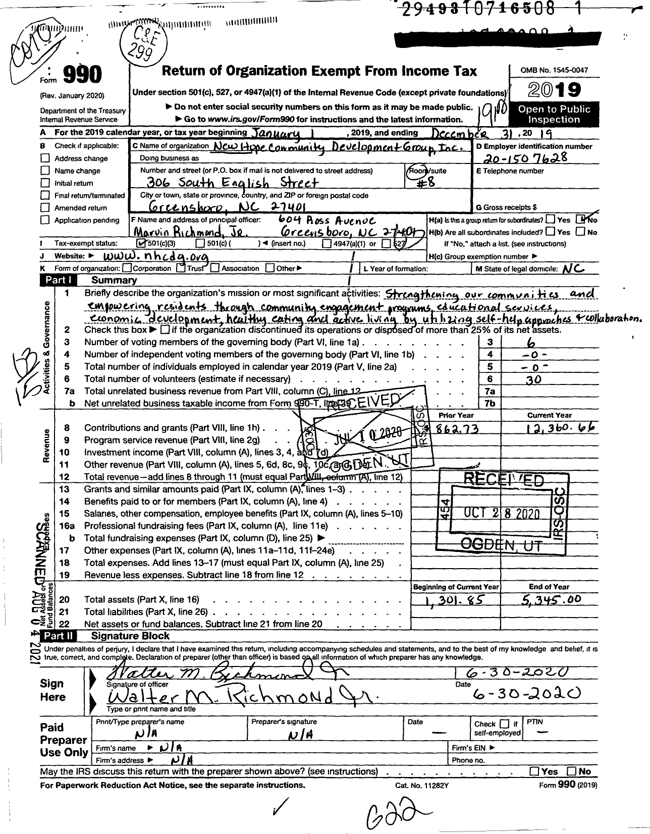 Image of first page of 2019 Form 990 for New Hope Community Development Group