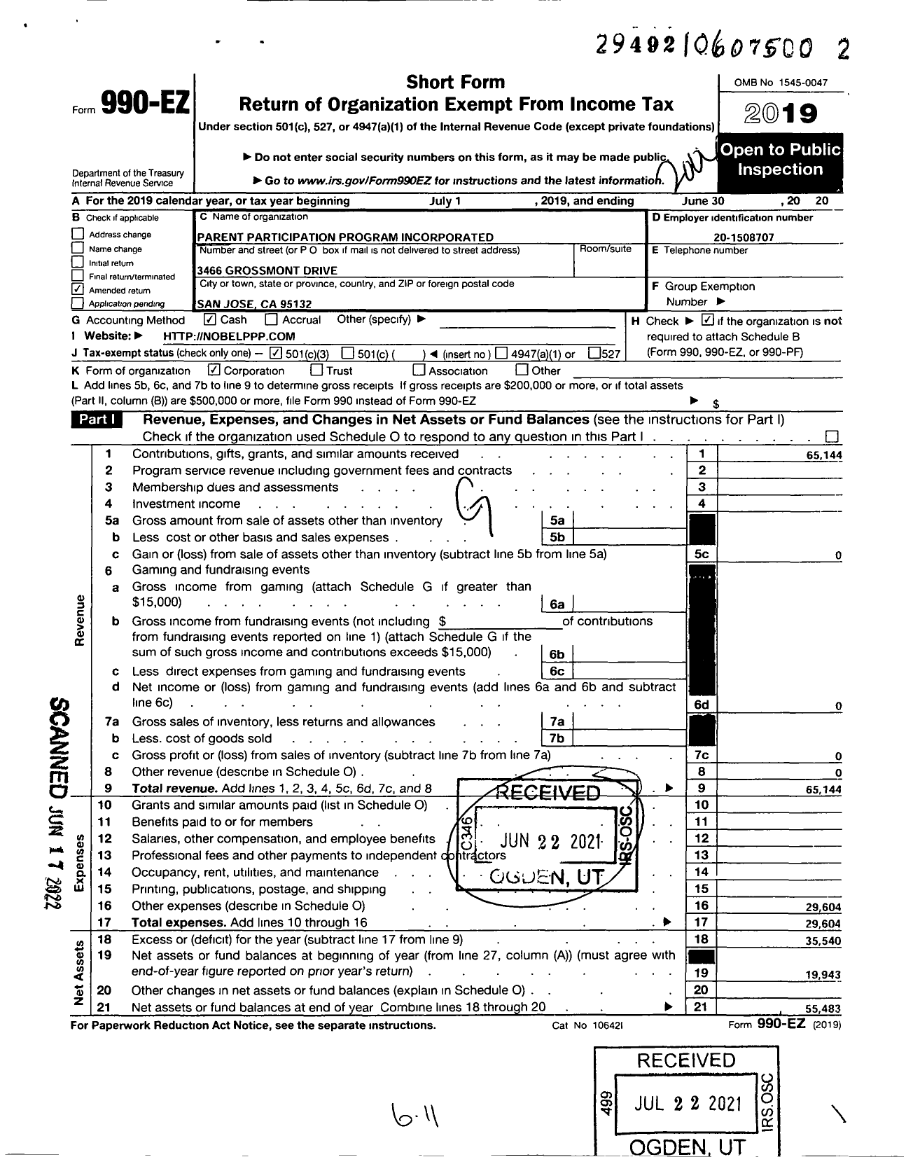 Image of first page of 2019 Form 990EZ for Parent Participation Program Incorporated