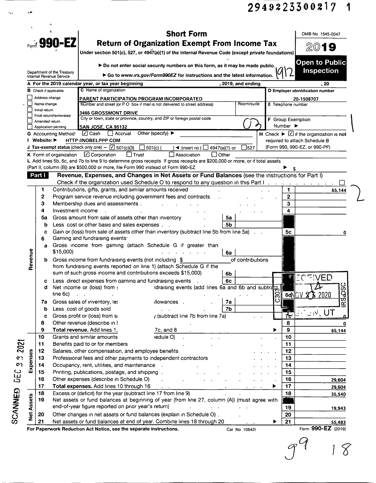 Image of first page of 2019 Form 990EZ for Parent Participation Program Incorporated