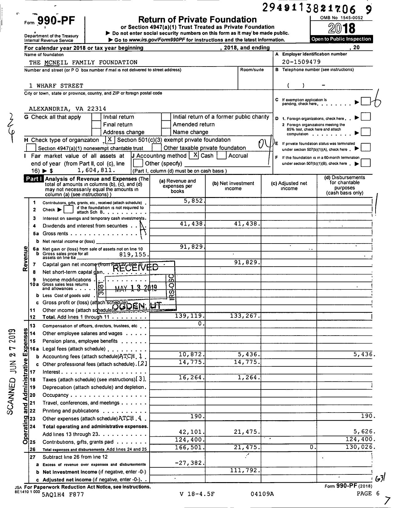 Image of first page of 2018 Form 990PF for The Mcneil Family Foundation