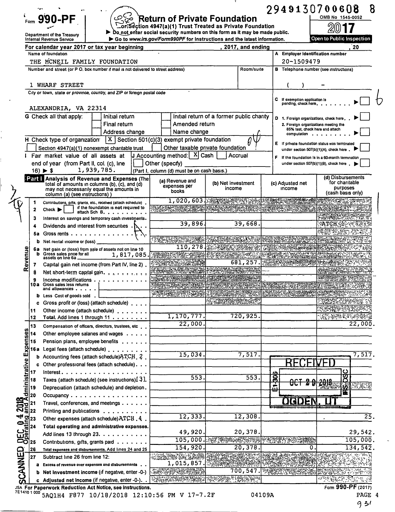 Image of first page of 2017 Form 990PF for The Mcneil Family Foundation