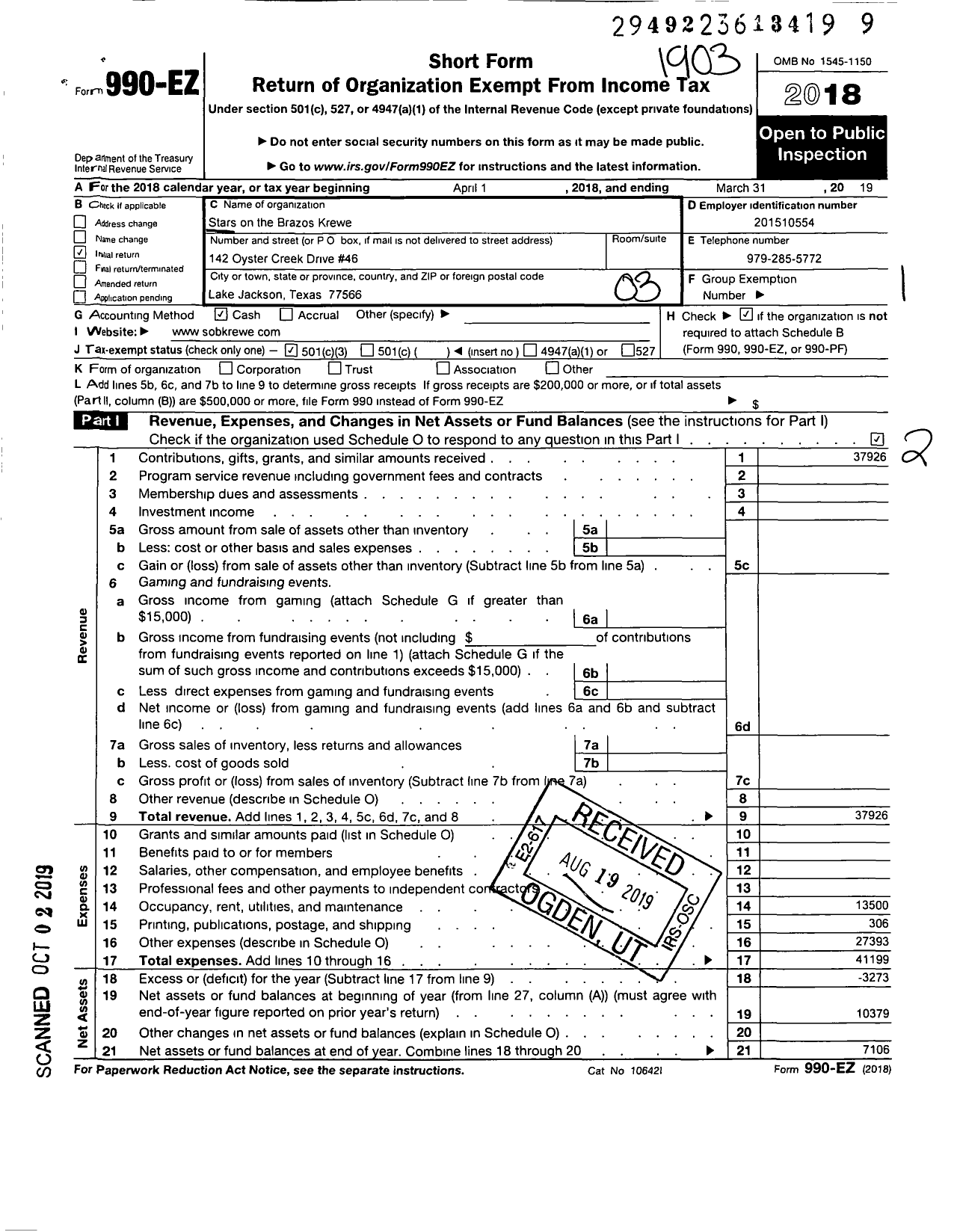 Image of first page of 2018 Form 990EZ for Stars on the Brazos Krewe