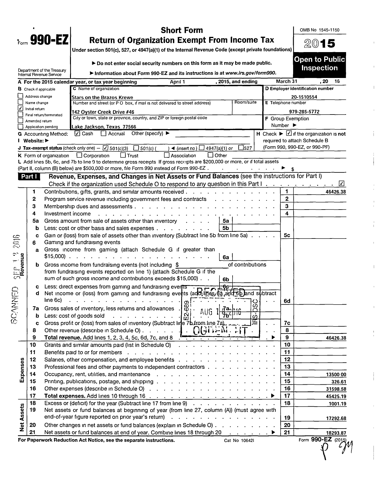 Image of first page of 2015 Form 990EZ for Stars on the Brazos Krewe