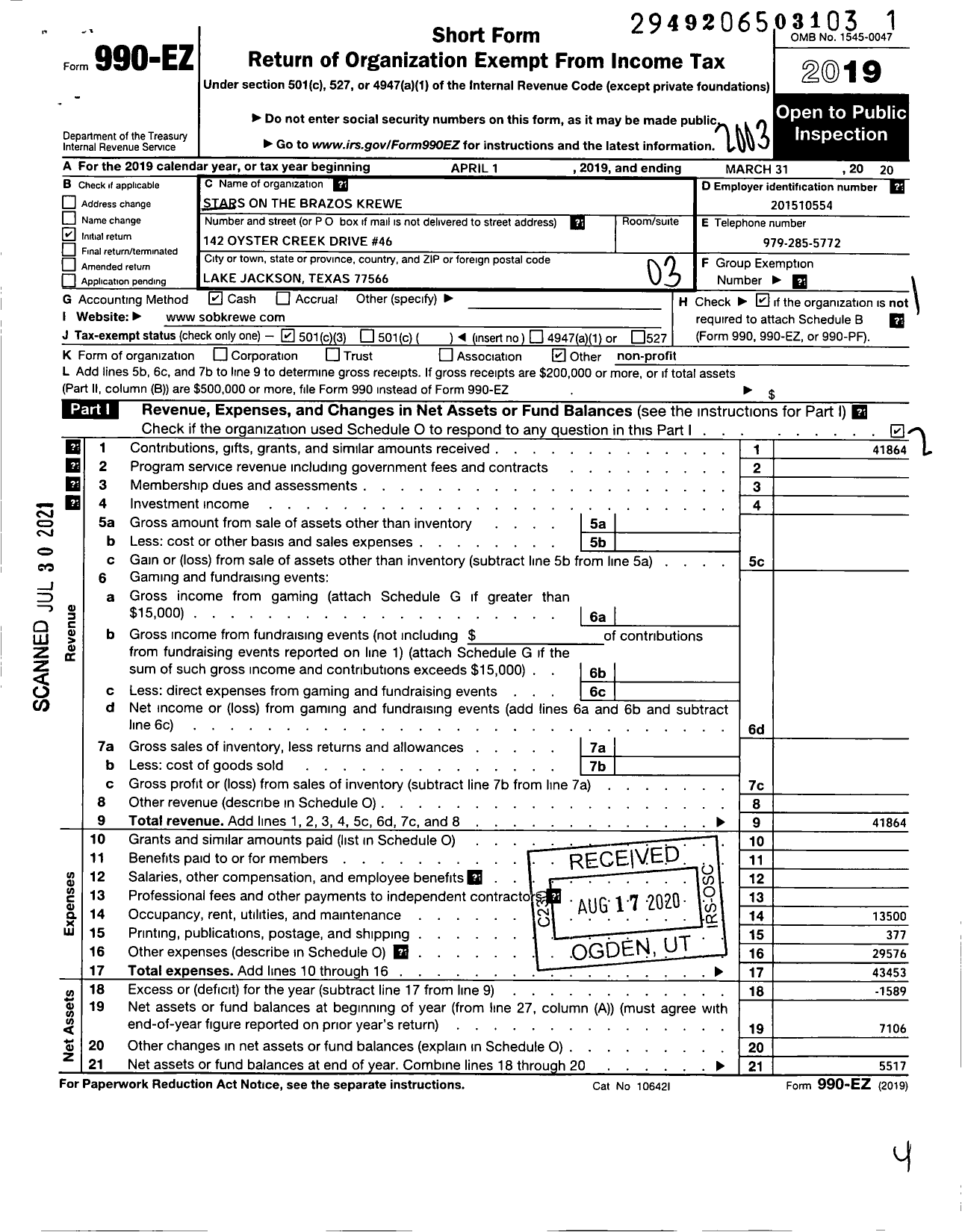 Image of first page of 2019 Form 990EZ for Stars on the Brazos Krewe