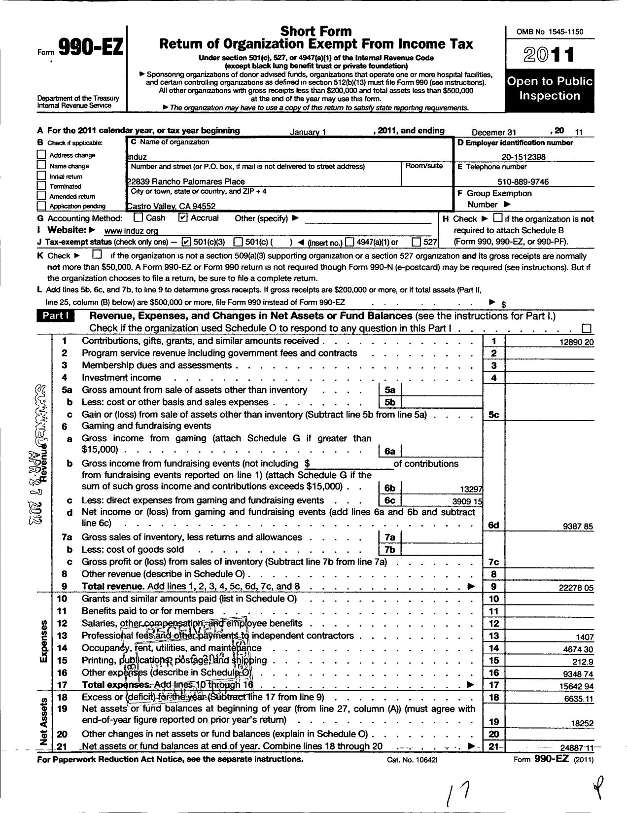 Image of first page of 2011 Form 990EZ for Induz