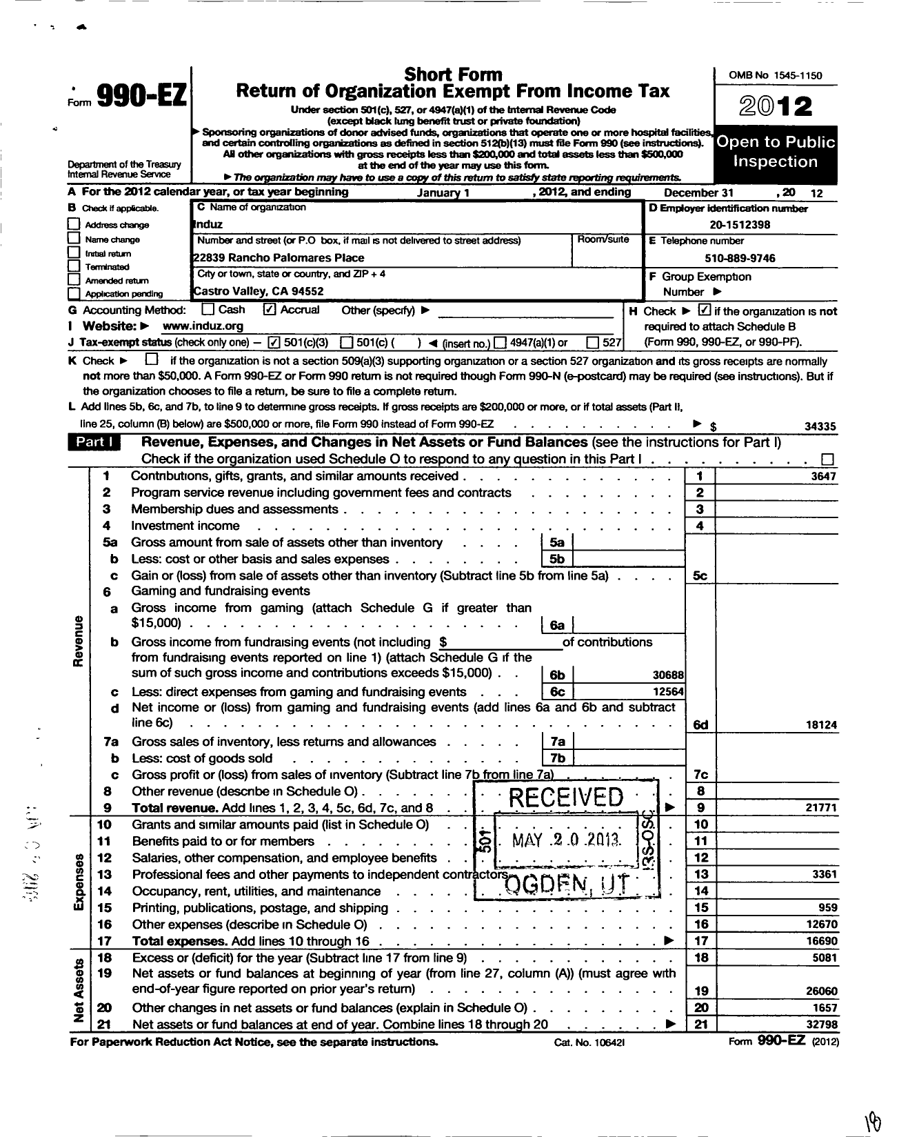 Image of first page of 2012 Form 990EZ for Induz