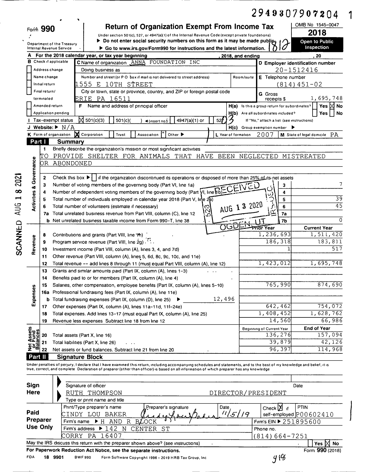 Image of first page of 2018 Form 990 for Association for Needy and Neglected Animals