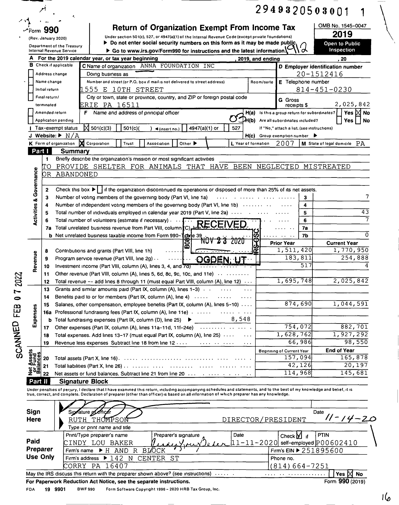 Image of first page of 2019 Form 990 for Association for Needy and Neglected Animals