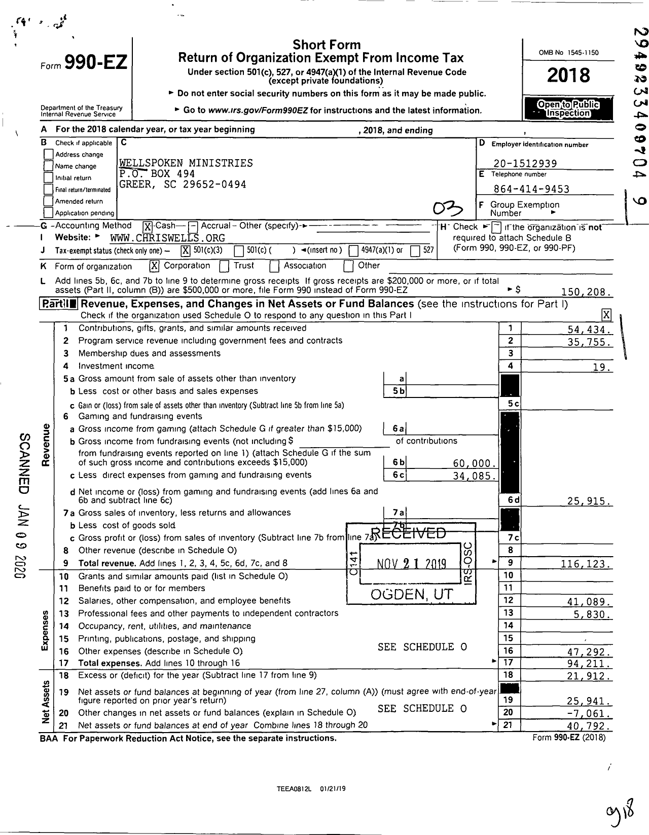 Image of first page of 2018 Form 990EZ for Wellspoken Ministries