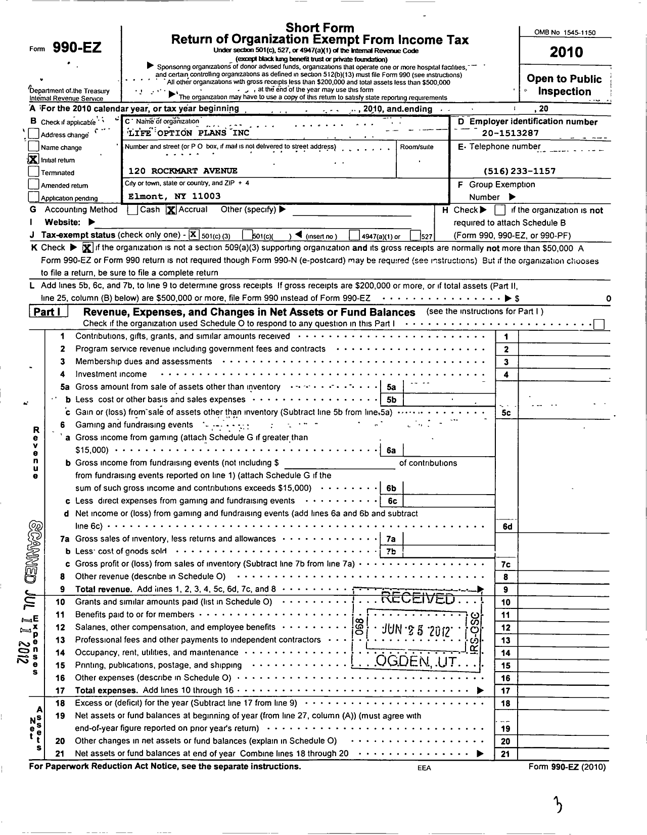 Image of first page of 2010 Form 990EZ for Life Option Plans Incorporated