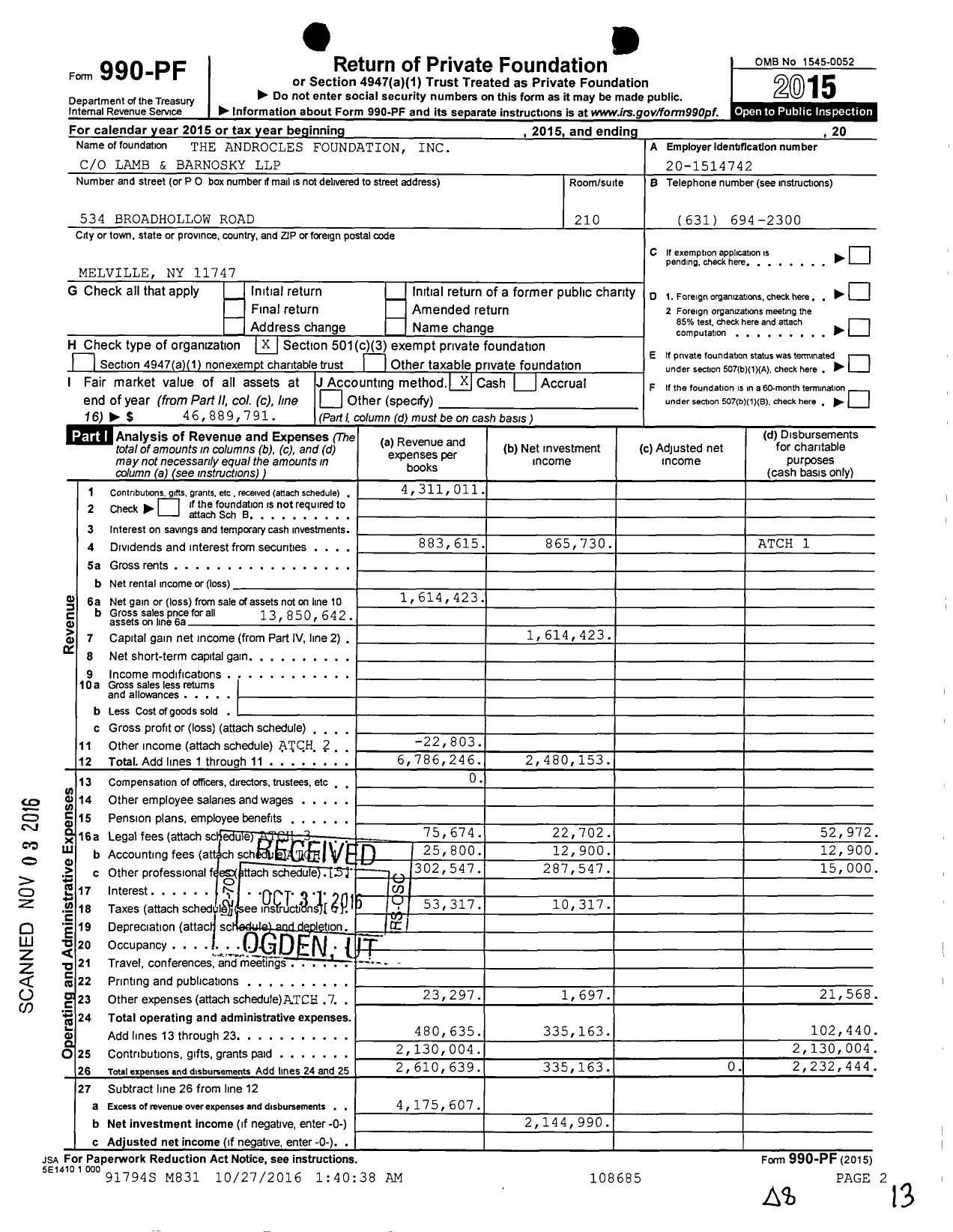 Image of first page of 2015 Form 990PF for Androcles Foundation