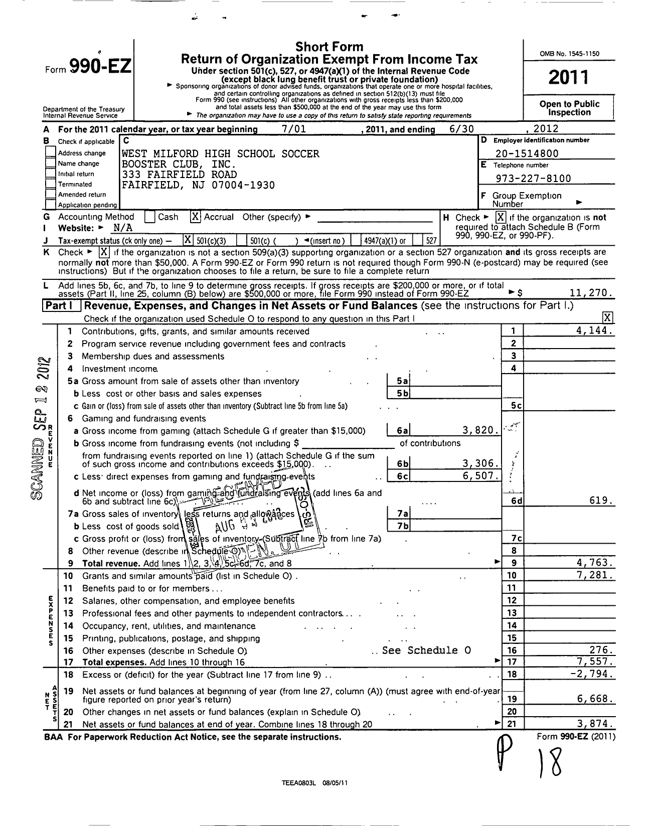 Image of first page of 2011 Form 990EZ for West Milford High School Soccer Booster Club