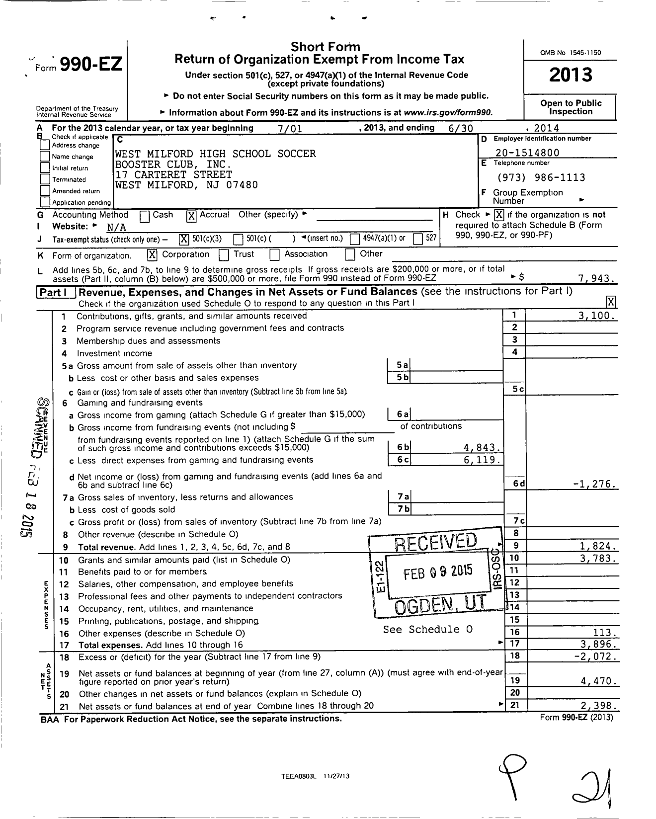 Image of first page of 2013 Form 990EZ for West Milford High School Soccer Booster Club