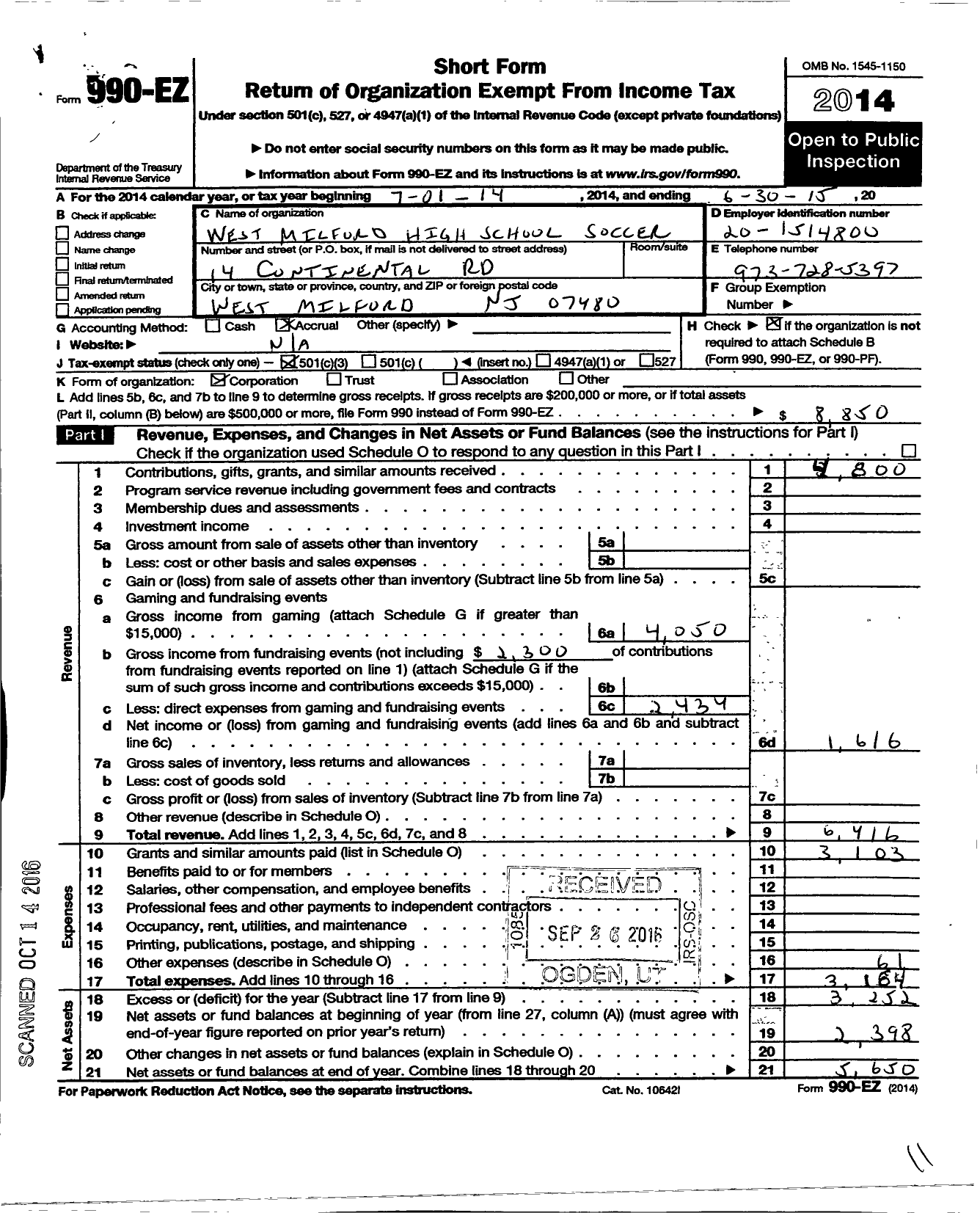 Image of first page of 2014 Form 990EZ for West Milford High School Soccer Booster Club