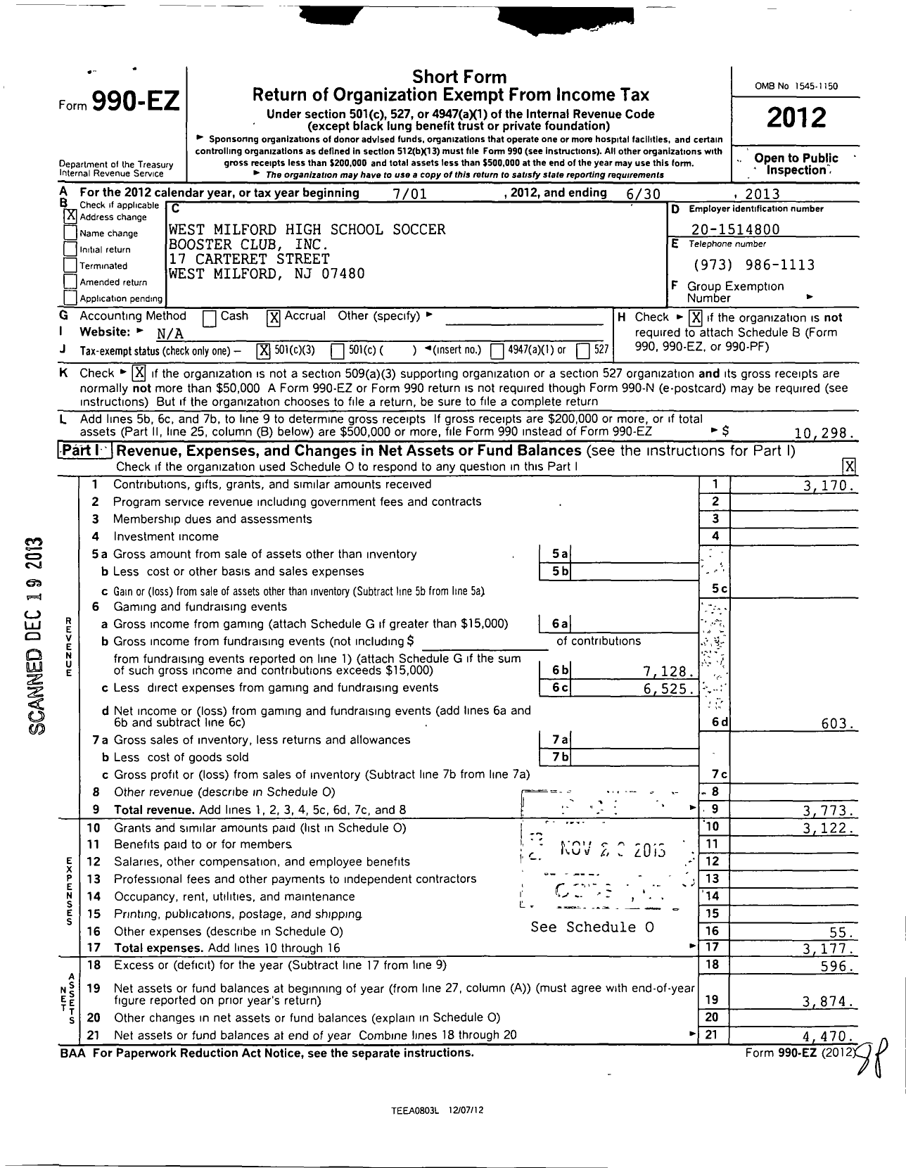 Image of first page of 2012 Form 990EZ for West Milford High School Soccer Booster Club