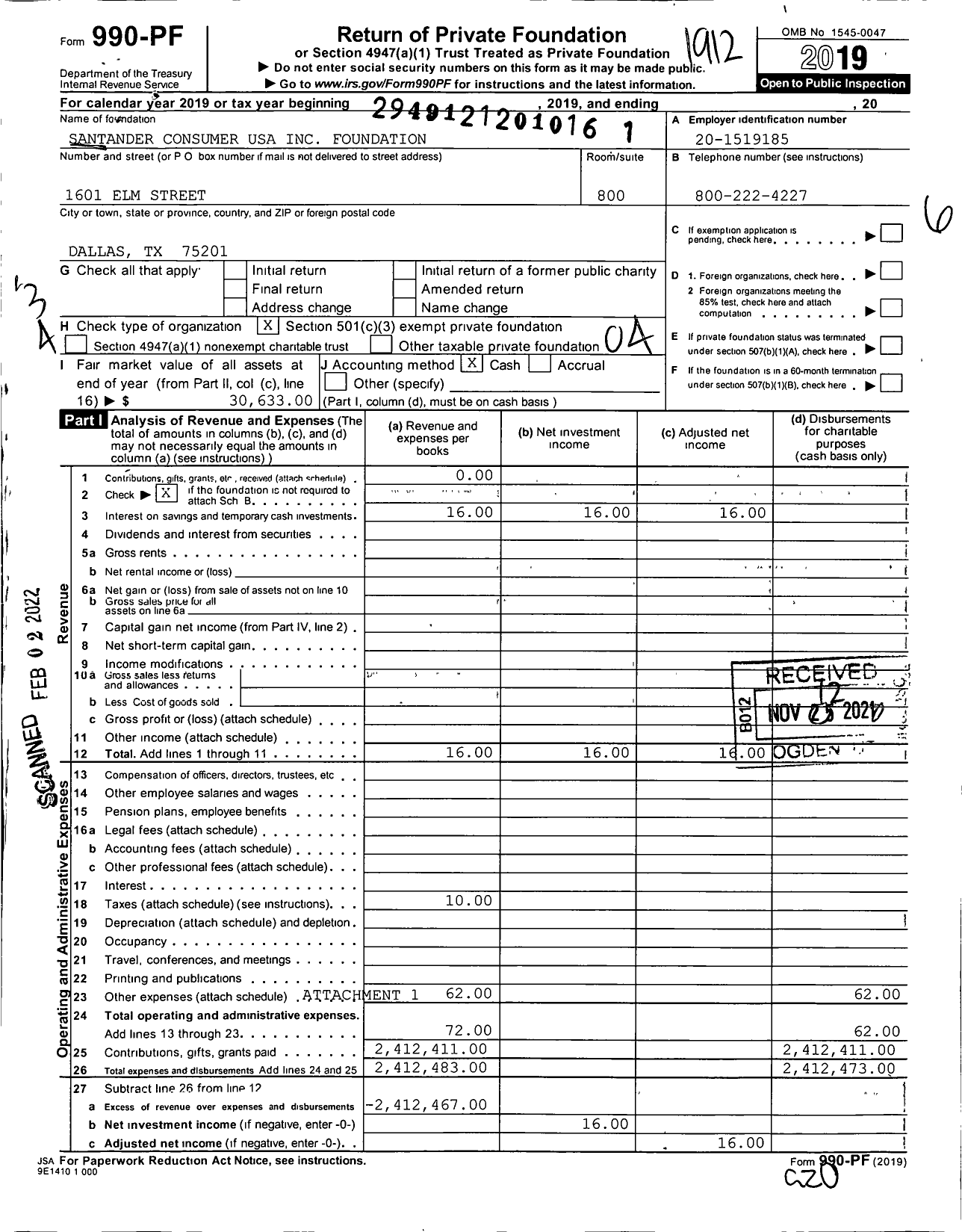Image of first page of 2019 Form 990PF for Santander Consumer USA Foundation
