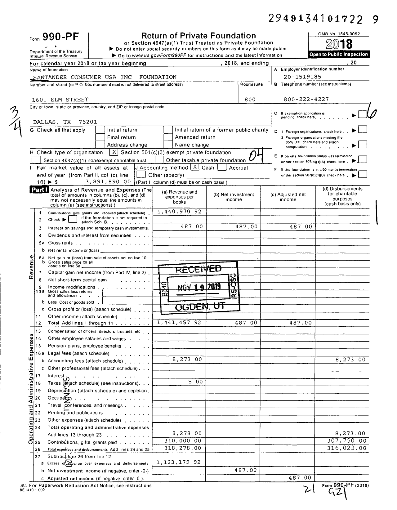 Image of first page of 2018 Form 990PF for Santander Consumer USA Foundation