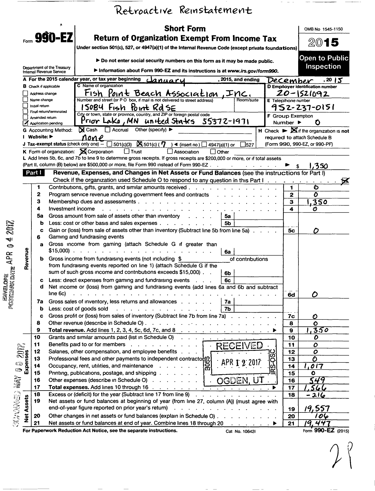 Image of first page of 2015 Form 990EO for Fish Point Beach Association