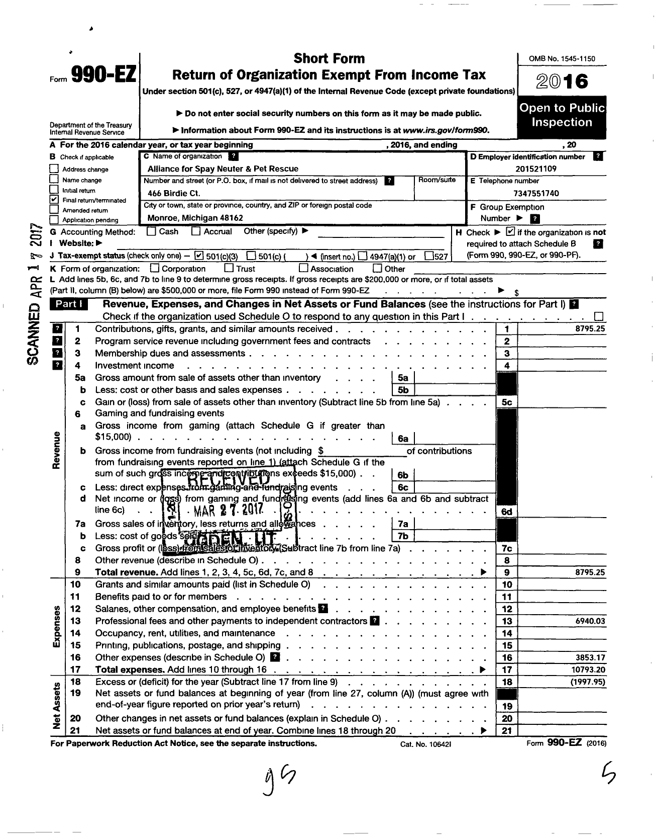 Image of first page of 2016 Form 990EZ for Save Monroe Strays