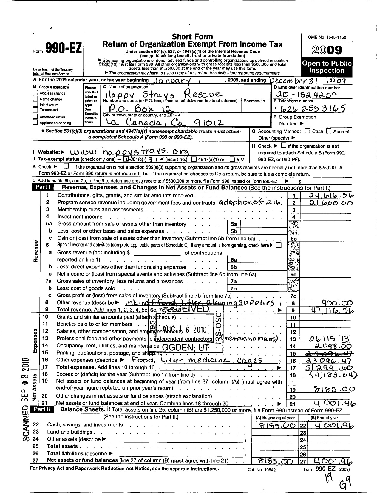 Image of first page of 2009 Form 990EZ for Happy Strays Rescue