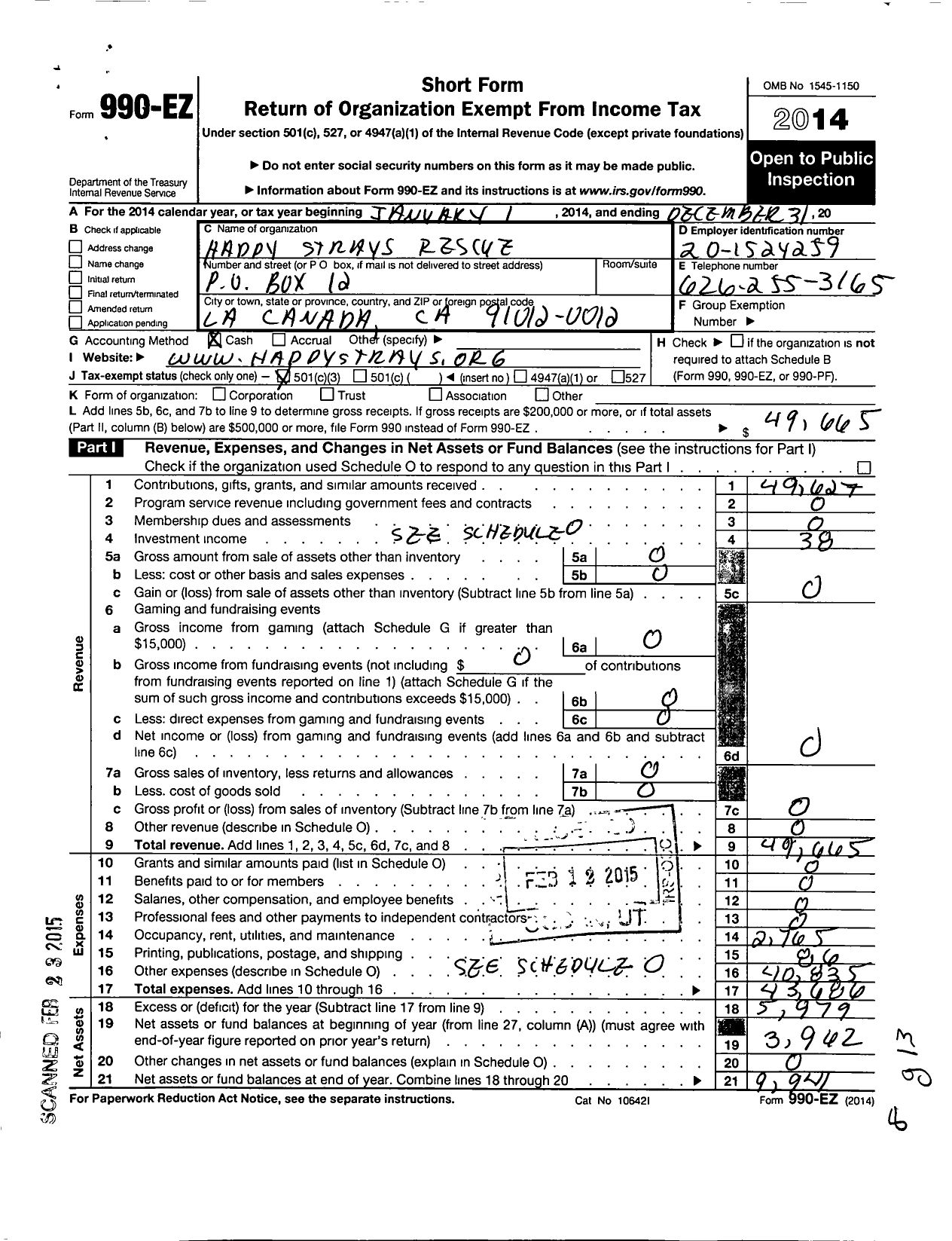 Image of first page of 2014 Form 990EZ for Happy Strays Rescue