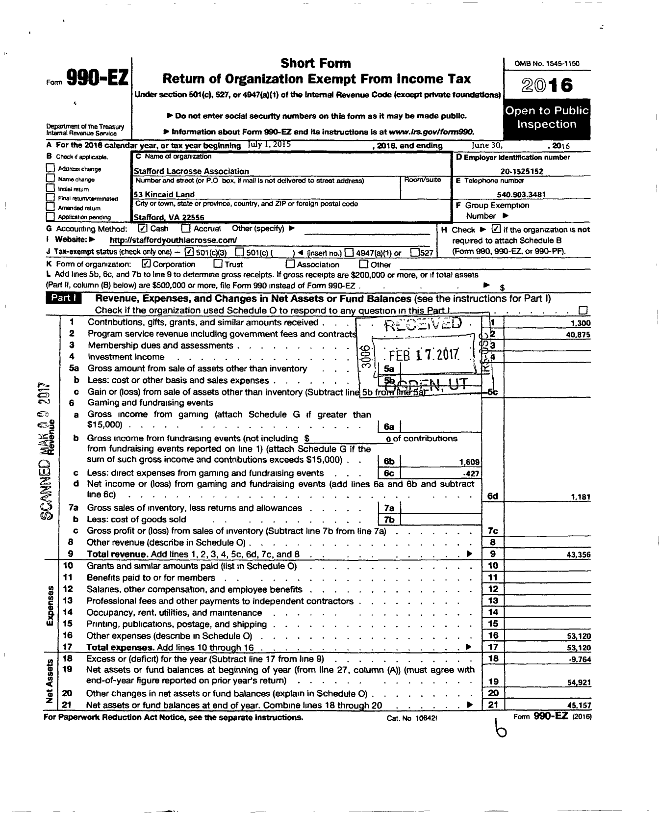 Image of first page of 2015 Form 990EZ for Stafford Lacrosse Association