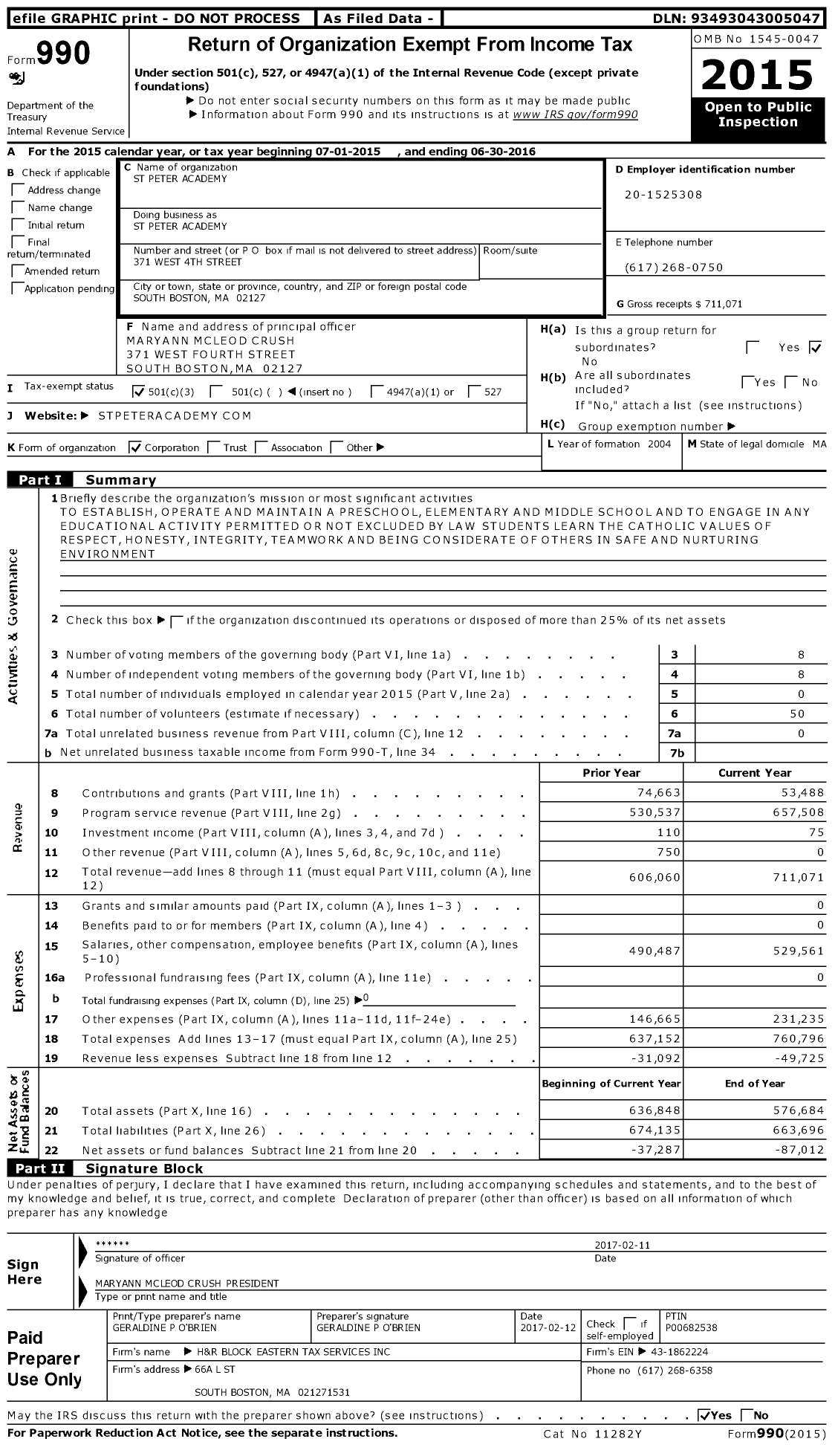 Image of first page of 2015 Form 990 for St Peter Academy