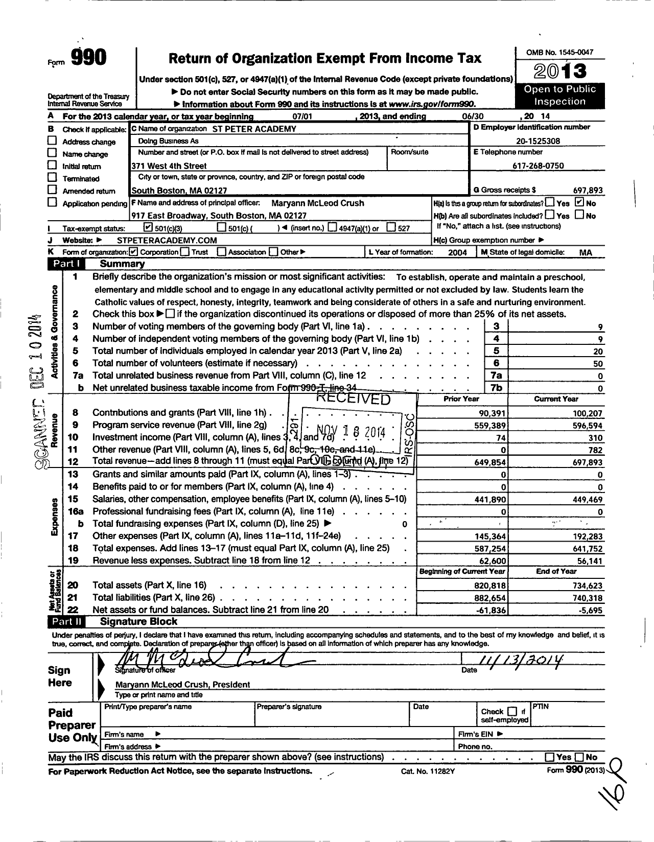 Image of first page of 2013 Form 990 for St Peter Academy