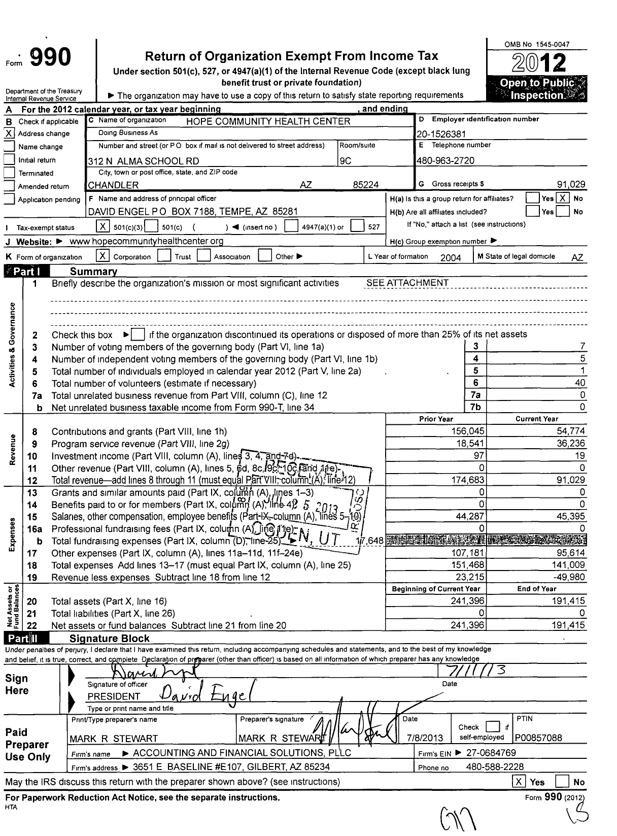 Image of first page of 2012 Form 990 for Hope Community Health Center