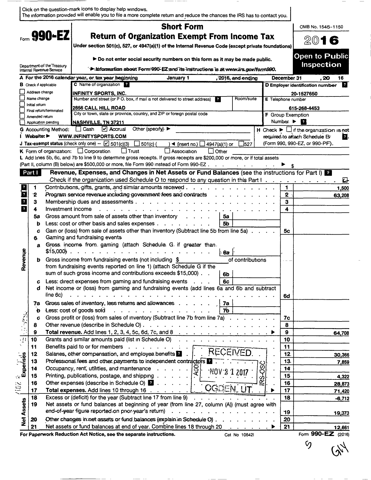 Image of first page of 2016 Form 990EZ for Infinity Sports