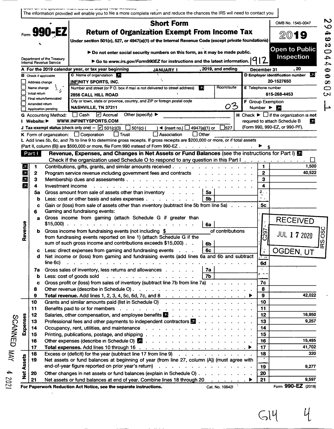 Image of first page of 2019 Form 990EZ for Infinity Sports