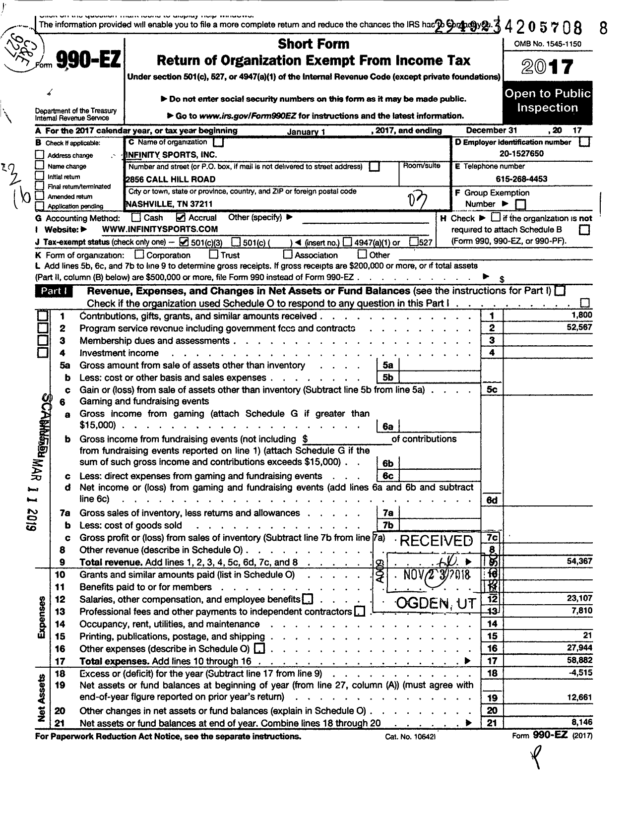 Image of first page of 2017 Form 990EZ for Infinity Sports