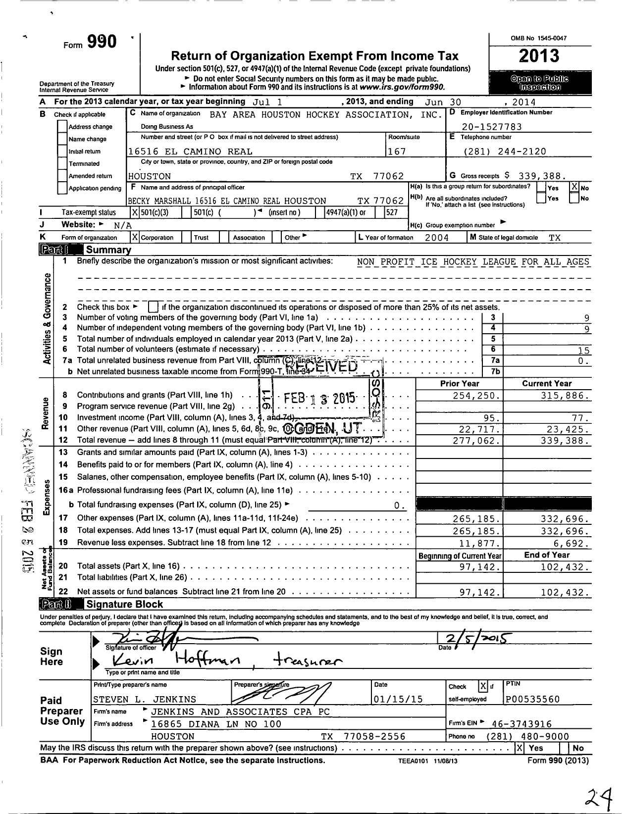 Image of first page of 2013 Form 990 for Bay Area Houston Hockey Association