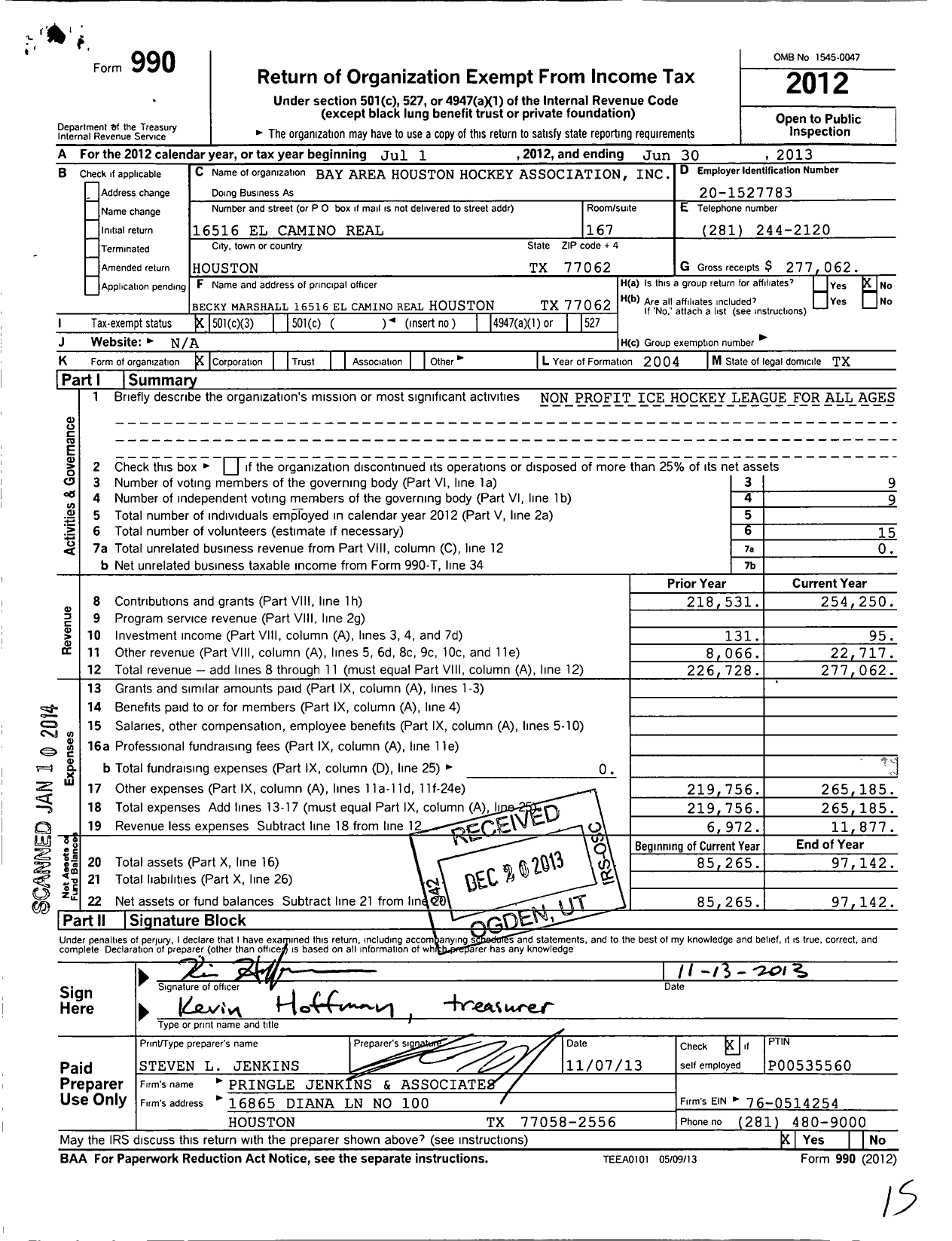 Image of first page of 2012 Form 990 for Bay Area Houston Hockey Association