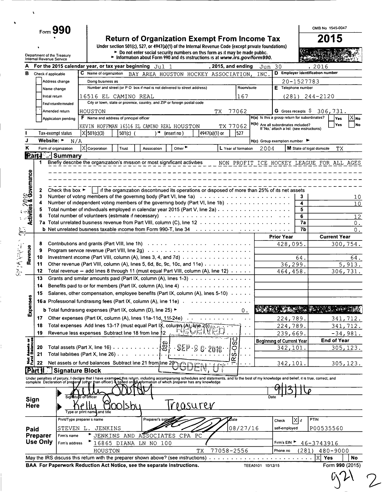 Image of first page of 2015 Form 990 for Bay Area Houston Hockey Association