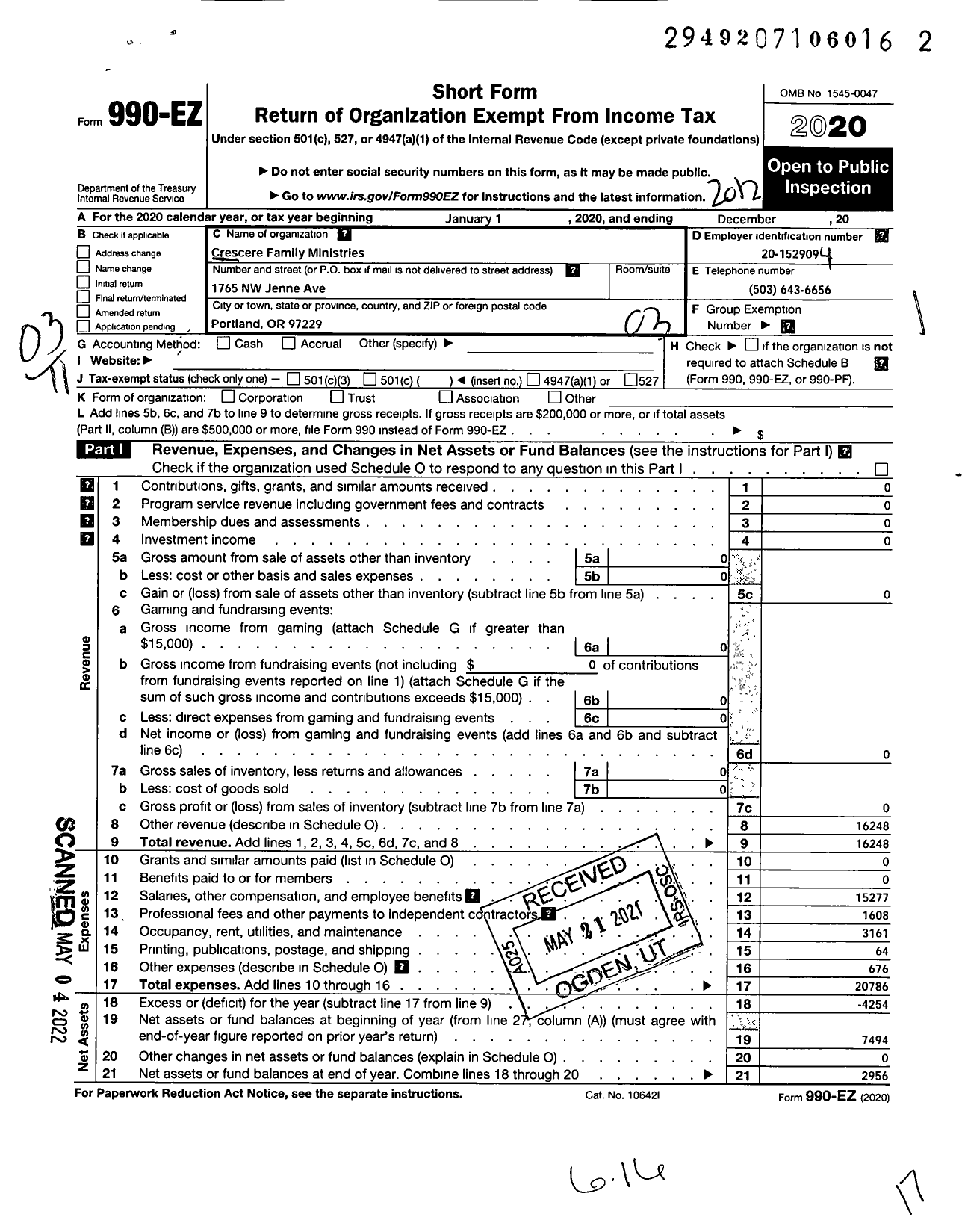 Image of first page of 2020 Form 990EZ for Crescere Family Ministries