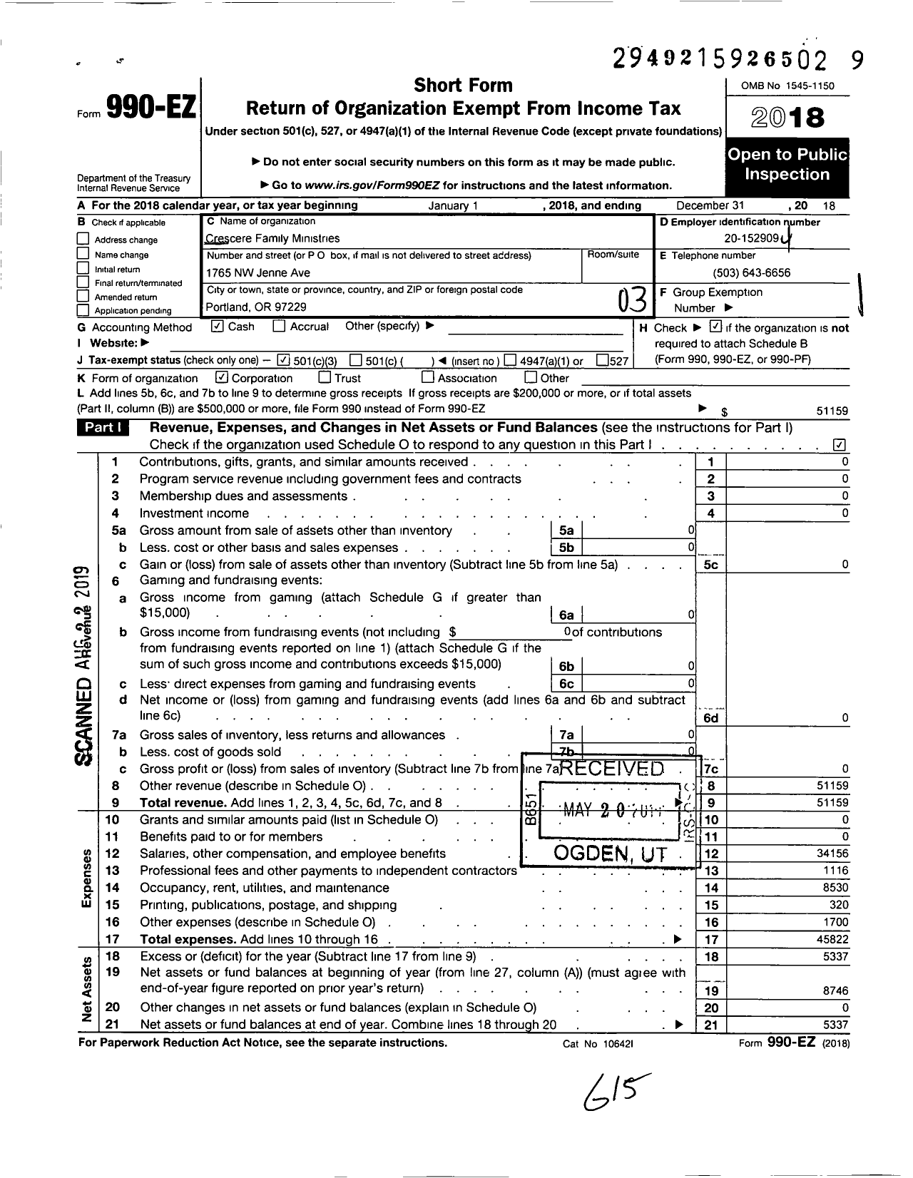 Image of first page of 2018 Form 990EZ for Crescere Family Ministries