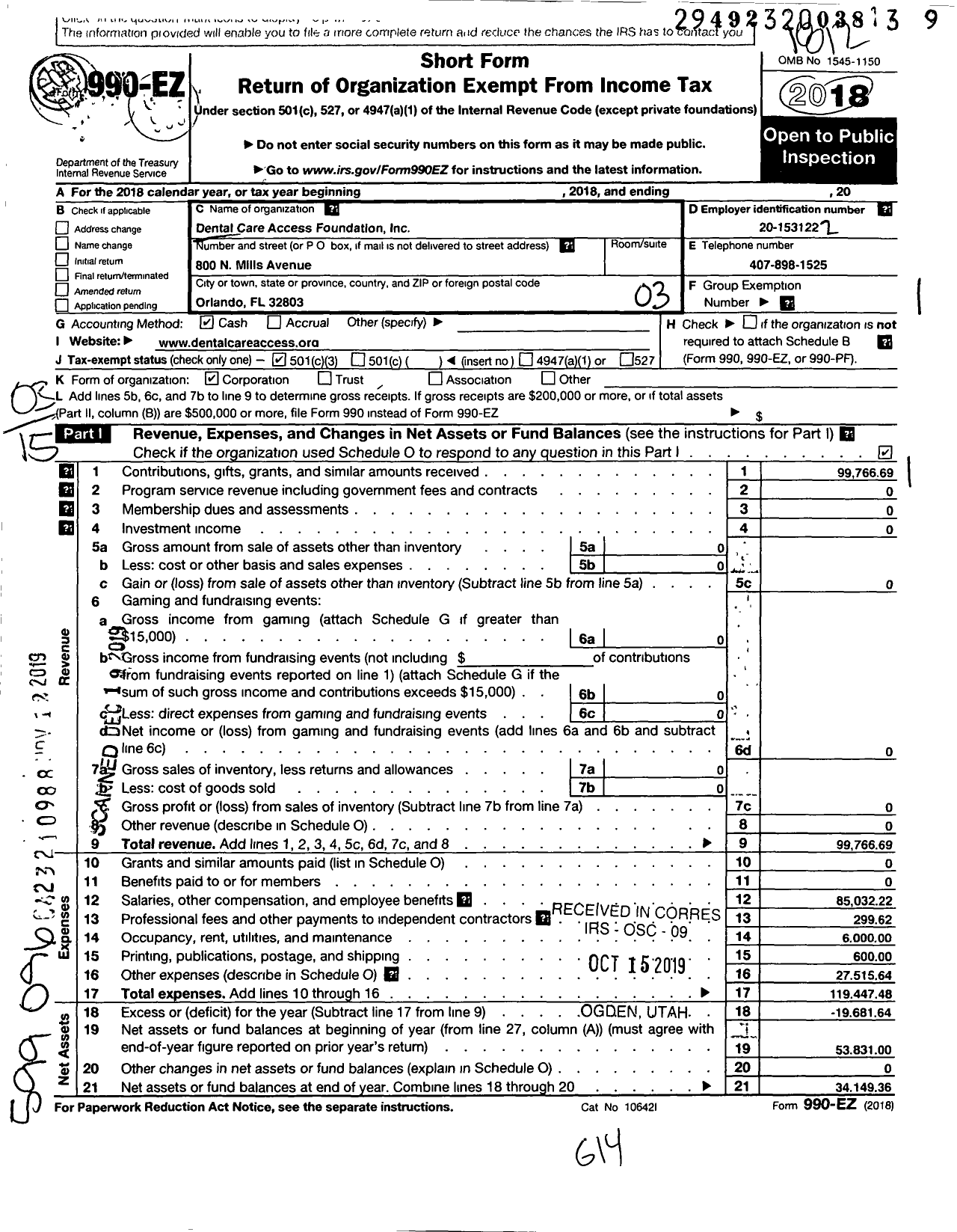 Image of first page of 2018 Form 990EZ for Dental Care Access Foundation