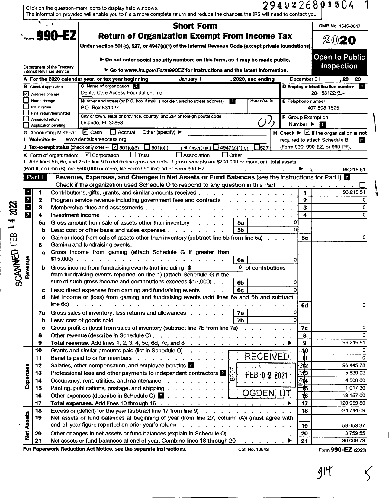 Image of first page of 2020 Form 990EZ for Dental Care Access Foundation