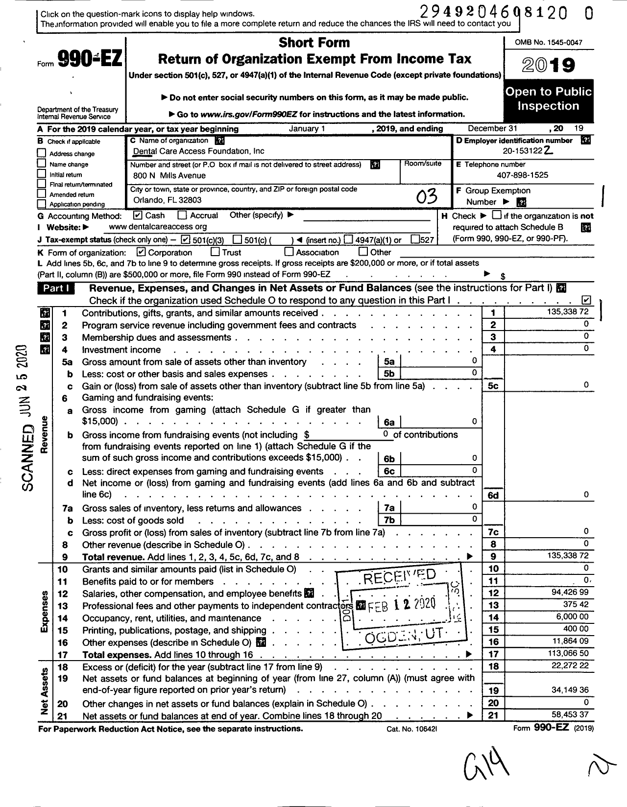 Image of first page of 2019 Form 990EZ for Dental Care Access Foundation