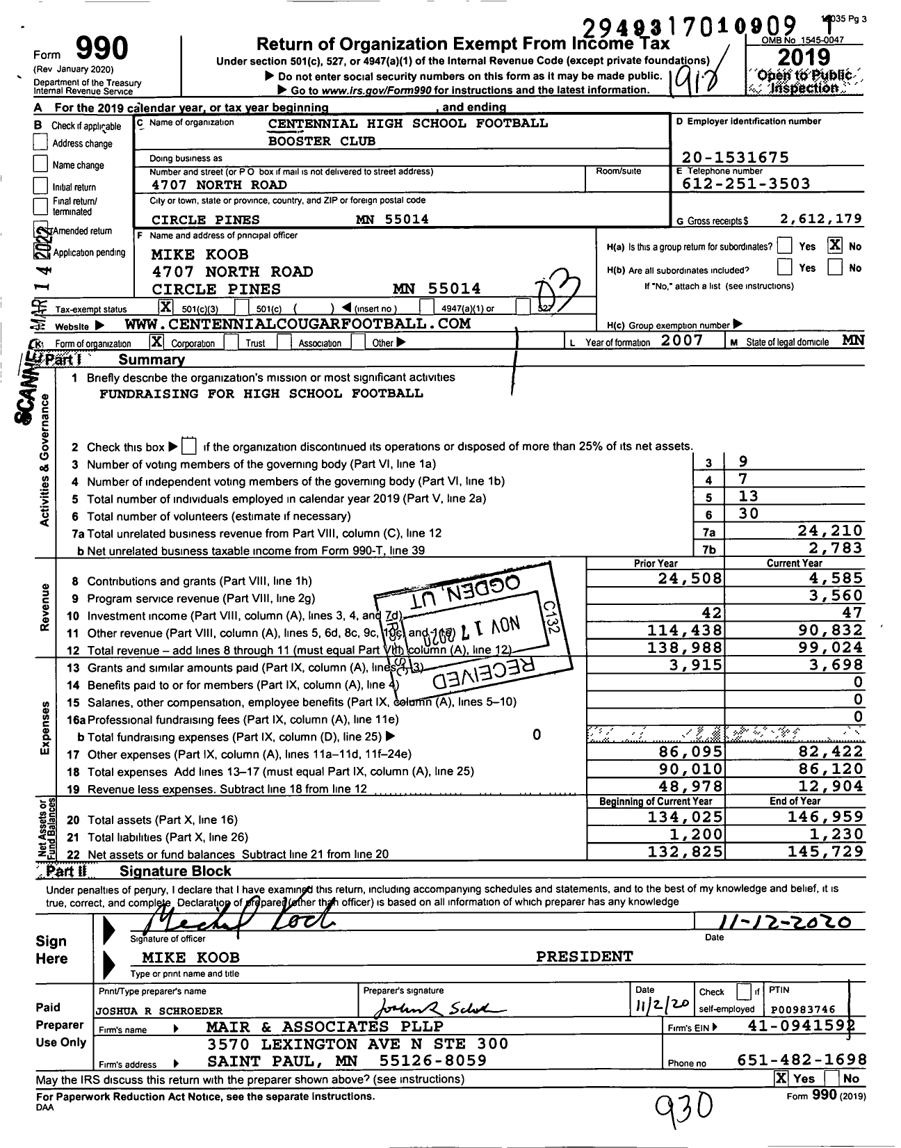 Image of first page of 2019 Form 990 for Centennial High School Football Booster Club