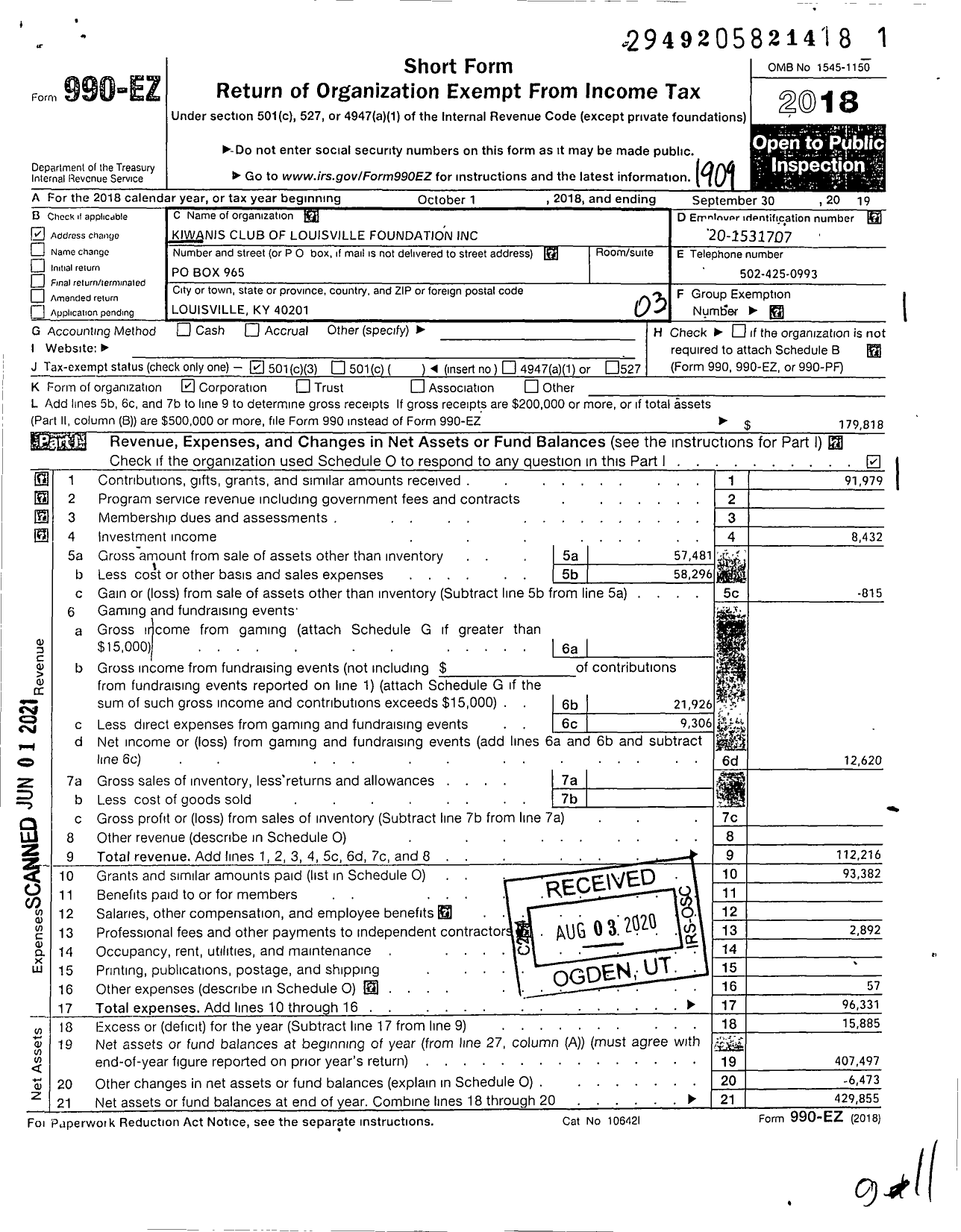 Image of first page of 2018 Form 990EZ for Kiwanis Club of Louisville Foundation on