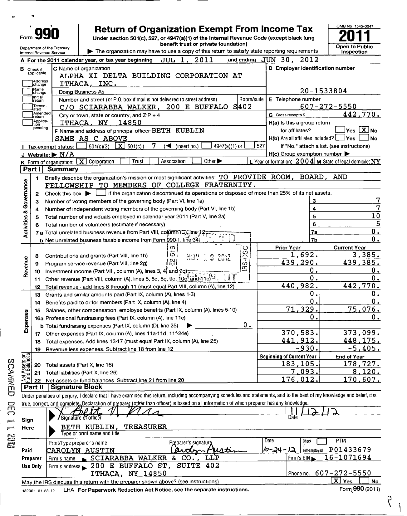 Image of first page of 2011 Form 990O for Alpha Xi Delta Building Corporation at Ithaca