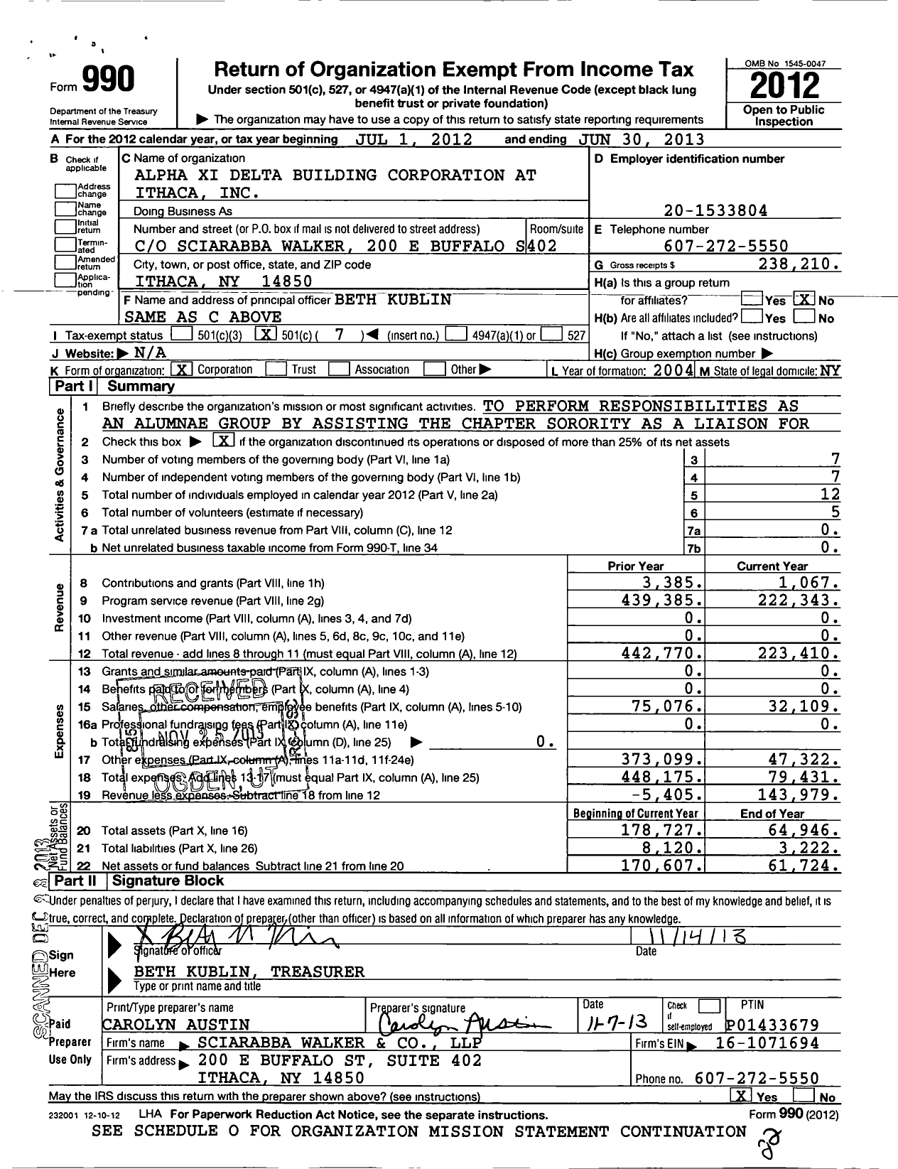 Image of first page of 2012 Form 990O for Alpha Xi Delta Building Corporation at Ithaca