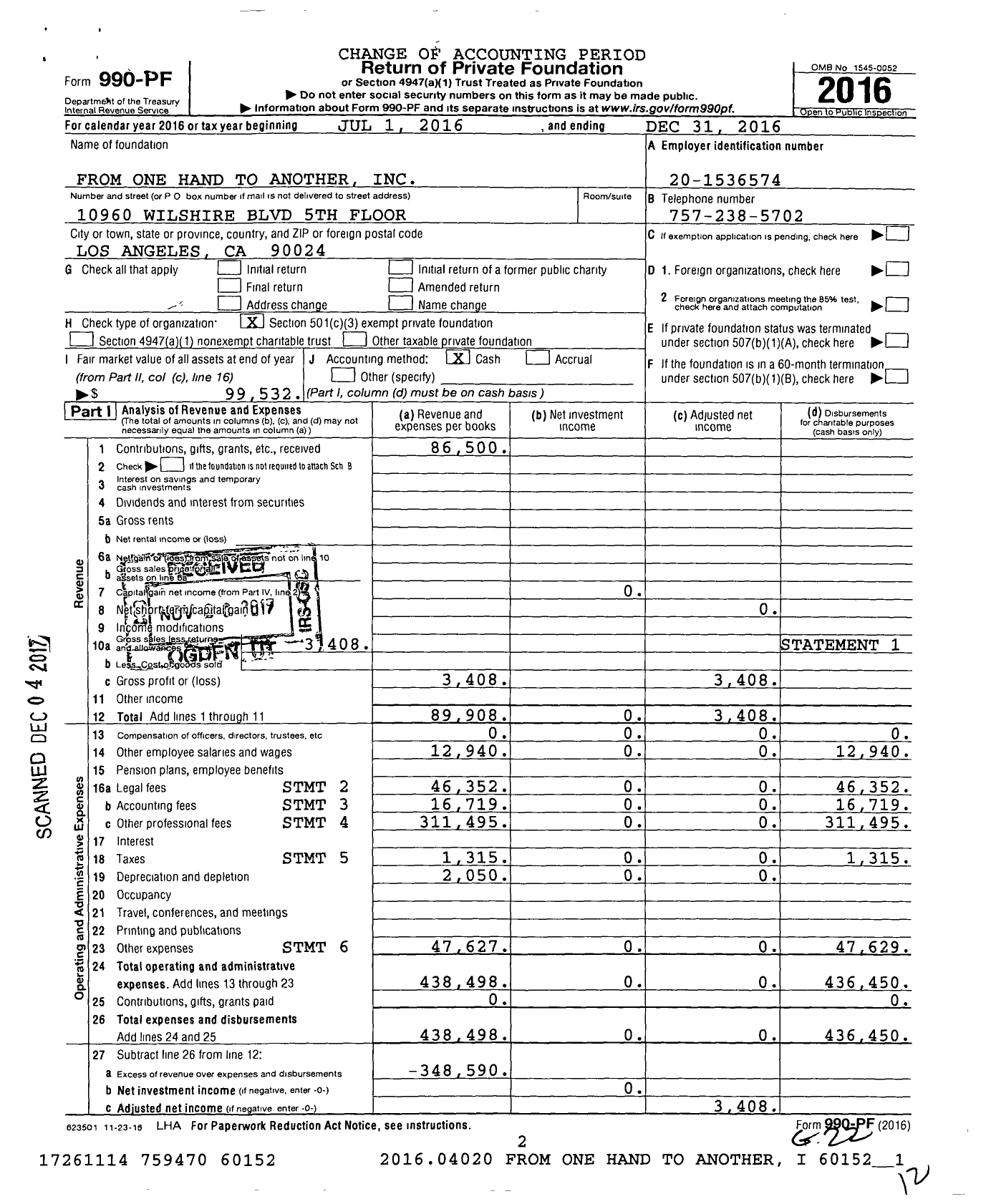 Image of first page of 2016 Form 990PF for From One Hand To Another