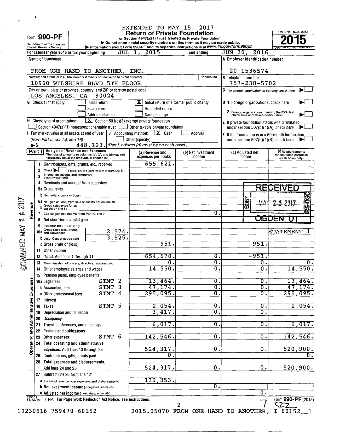 Image of first page of 2015 Form 990PF for From One Hand To Another